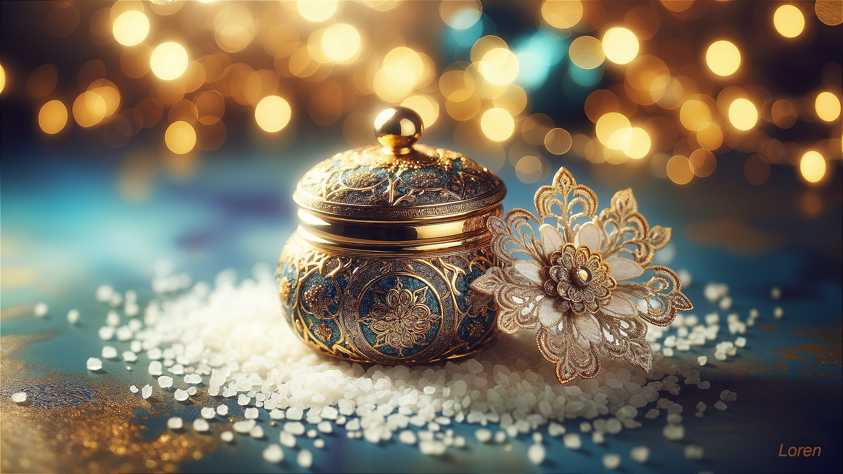 Ornate decorative box with gold detail and lace flower