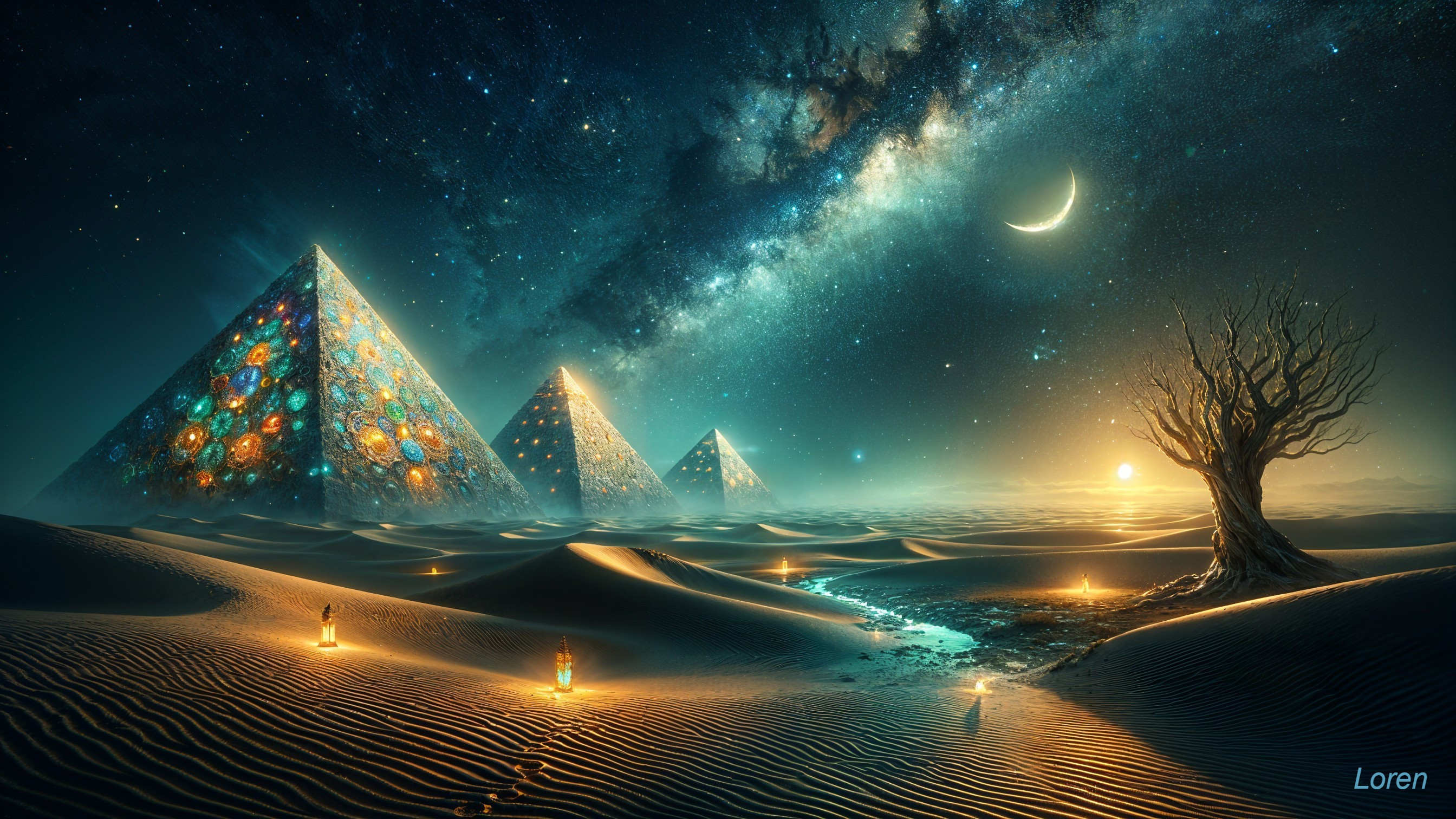 Surreal Desert with Luminous Pyramids and Night Sky