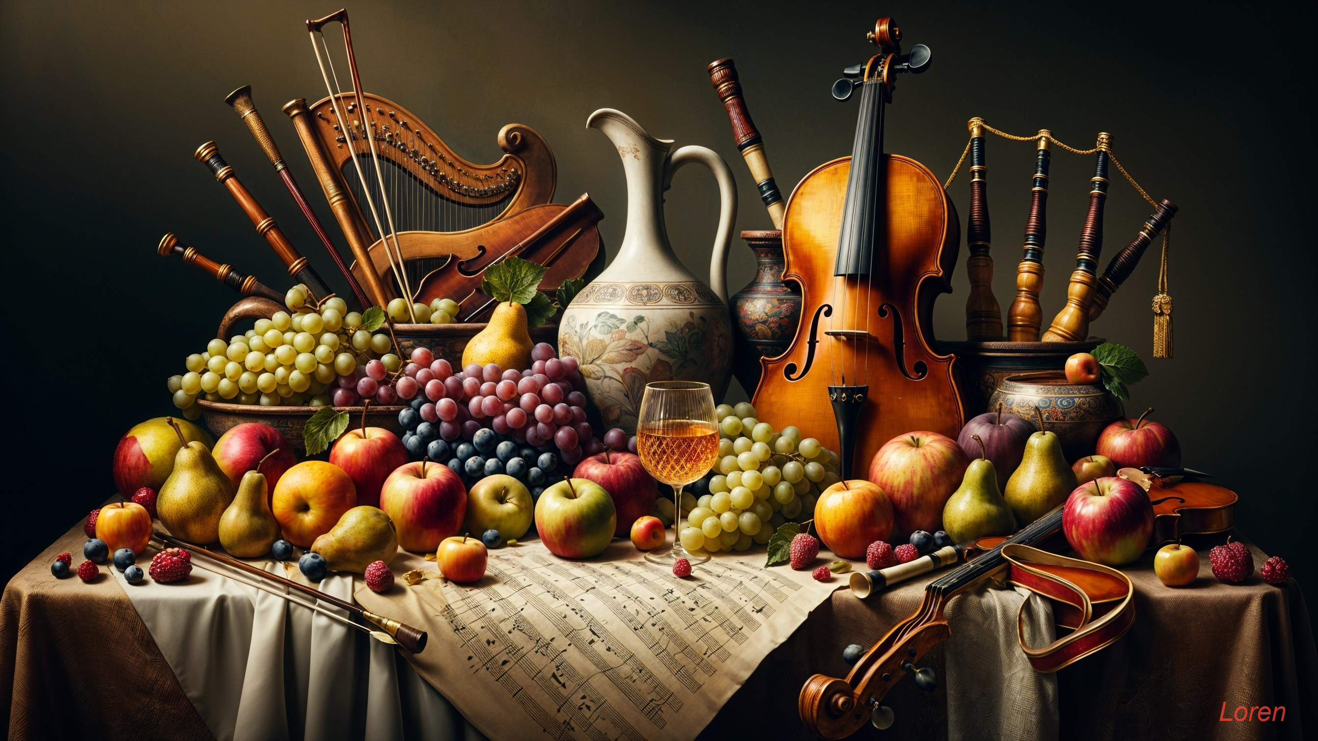 Lavish Still Life with Fruits and Musical Instruments