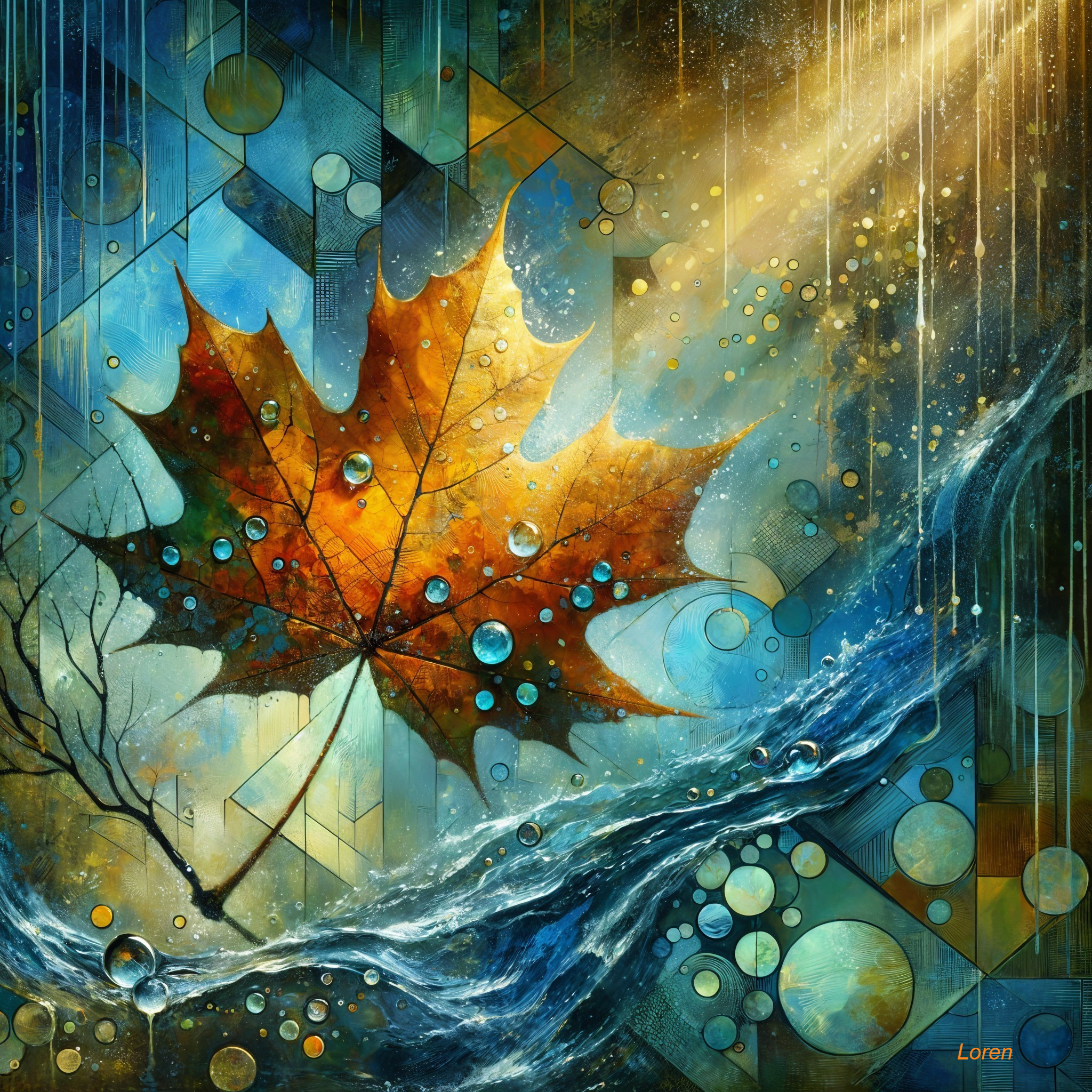 Vibrant Artwork of Autumn Leaf in Dynamic Waves