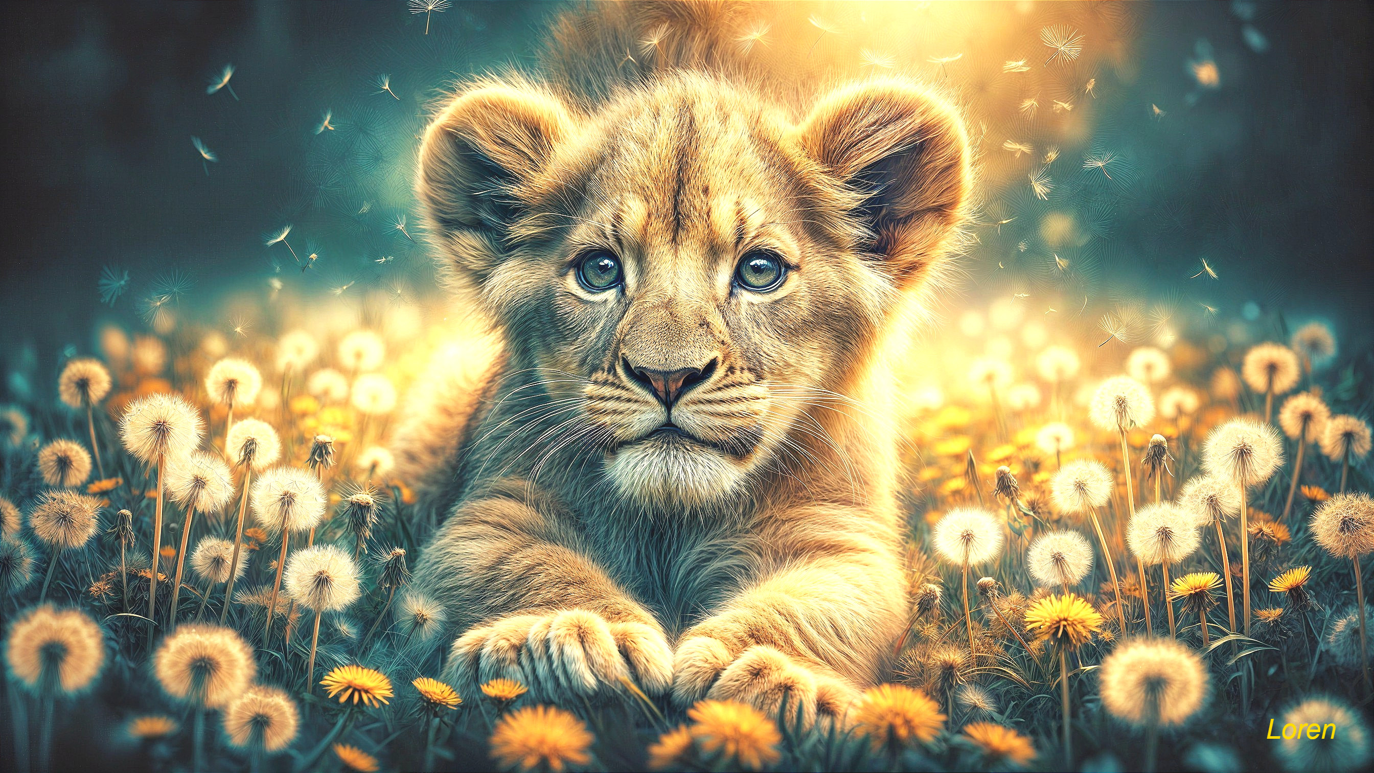 Lion Cub Relaxing in a Field of Dandelions