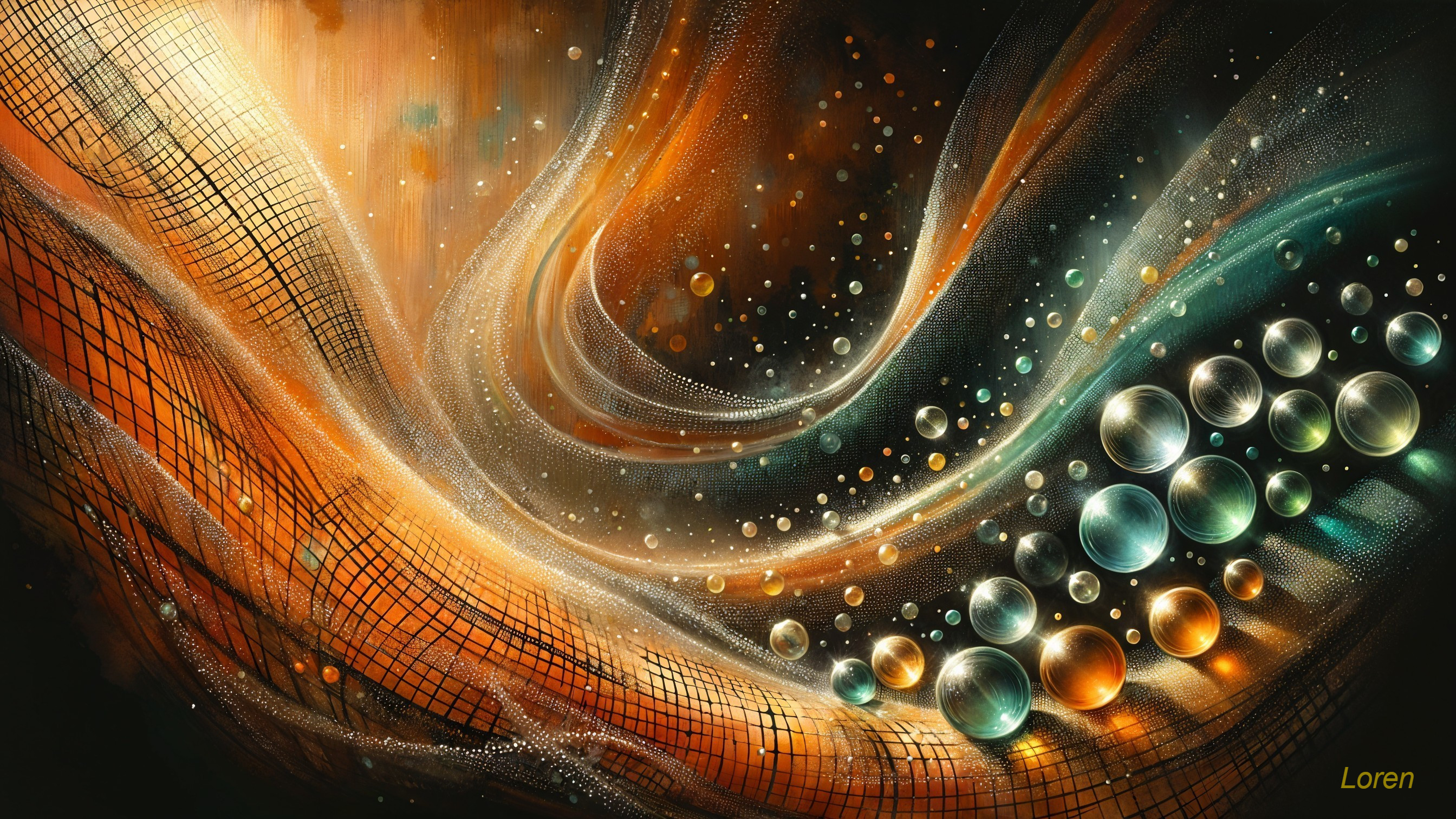 Vibrant Abstract Composition with Flowing Waves and Bubbles