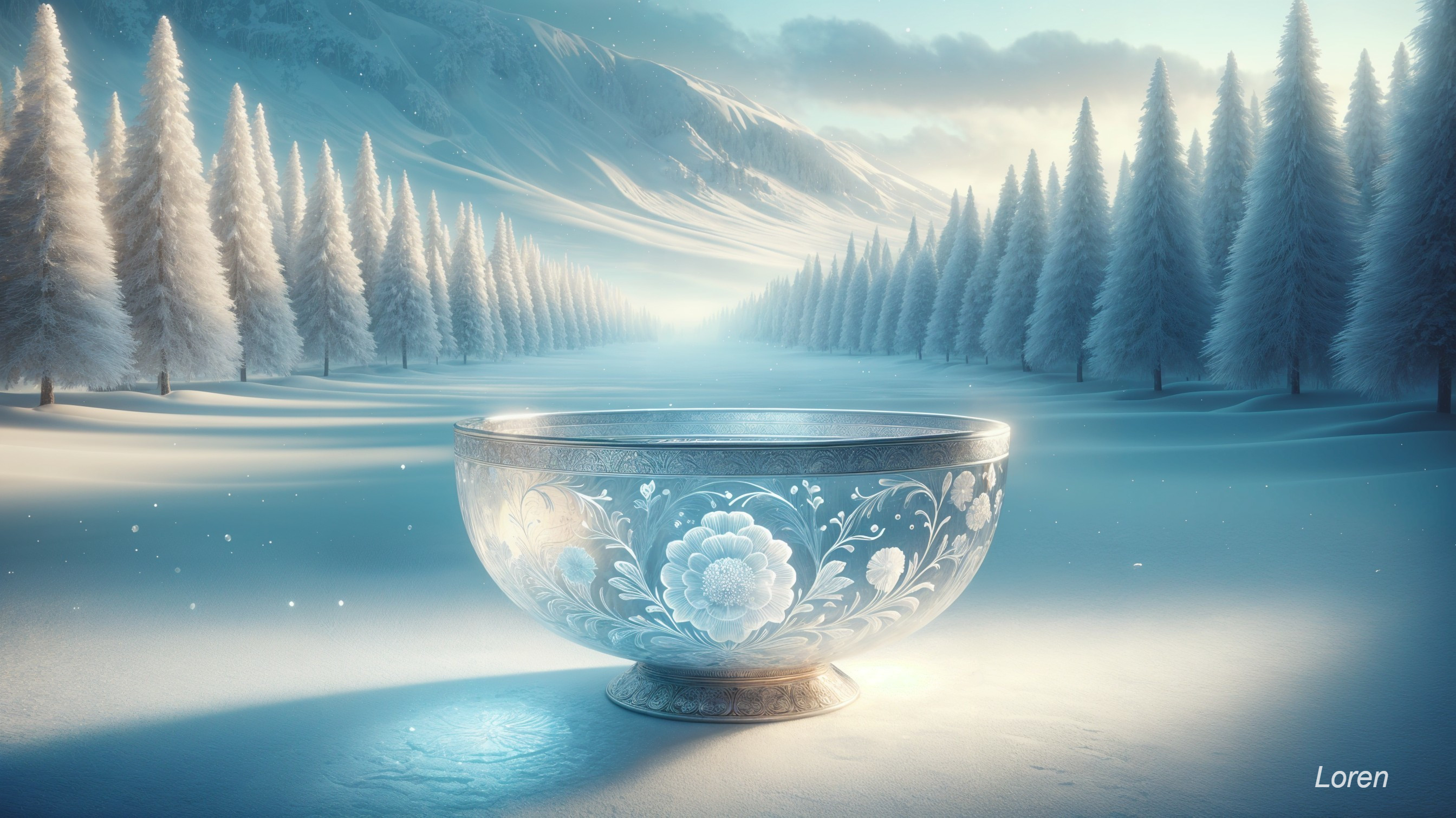 Intricately Designed Ice Bowl in Winter Landscape