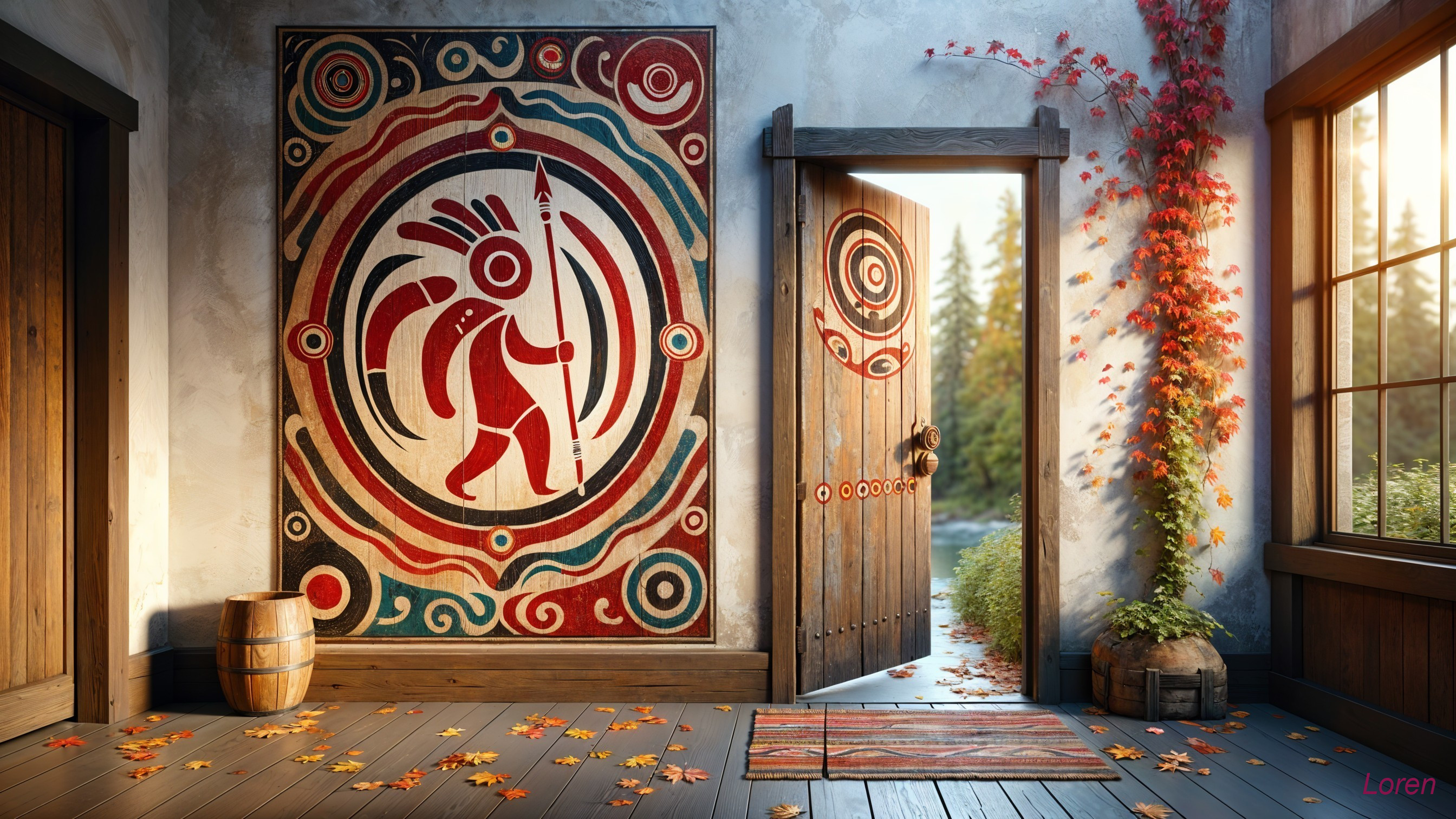 Rustic Interior with Vibrant Mural and Natural Light