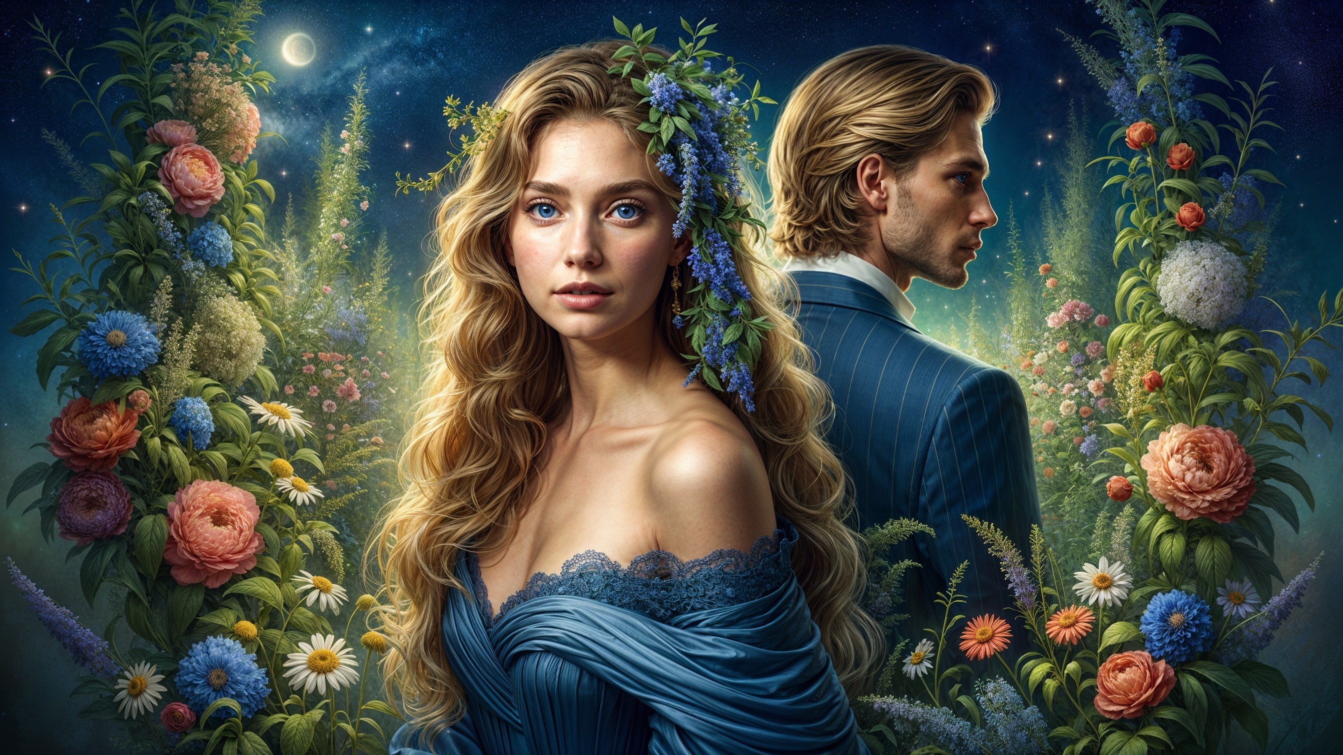 Moonlit Garden Scene with Elegant Couple in Blooming Flowers