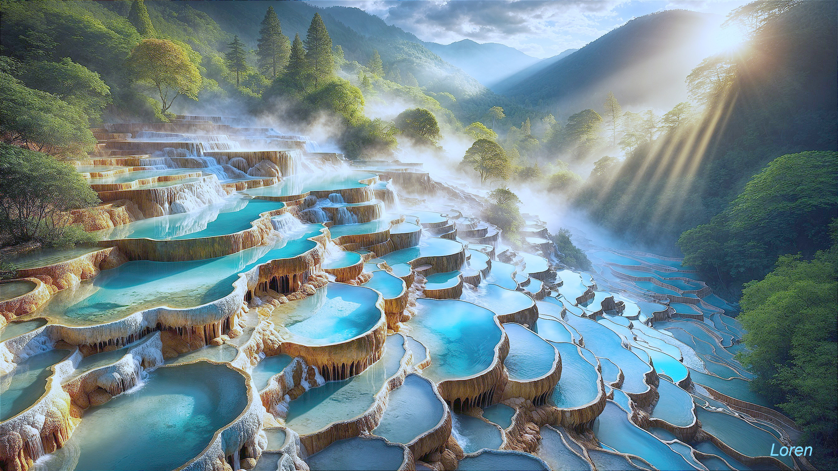 Terraced Pools Surrounded by Lush Greenery and Mist