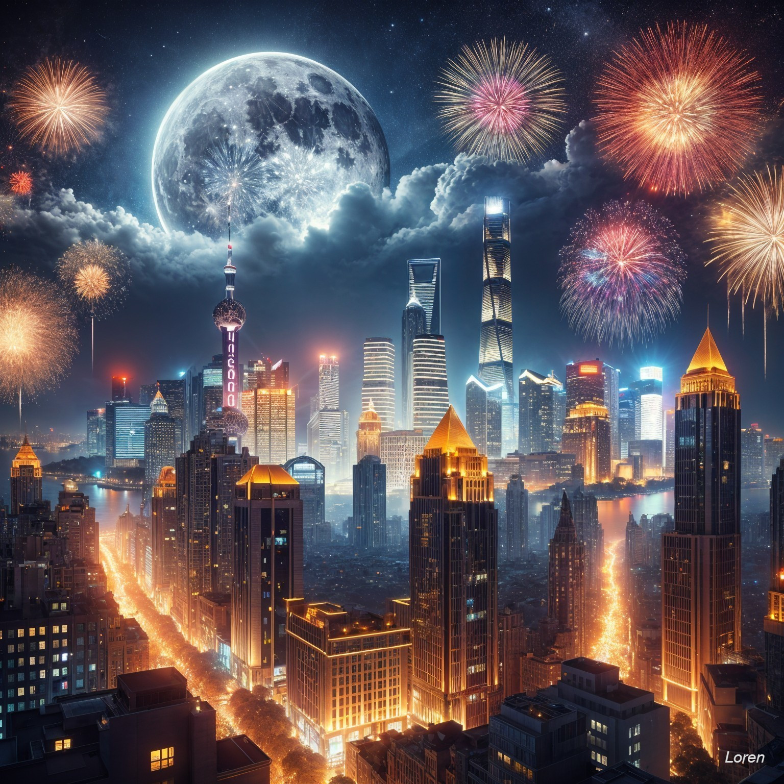 Nighttime City Skyline with Fireworks and Moonlight