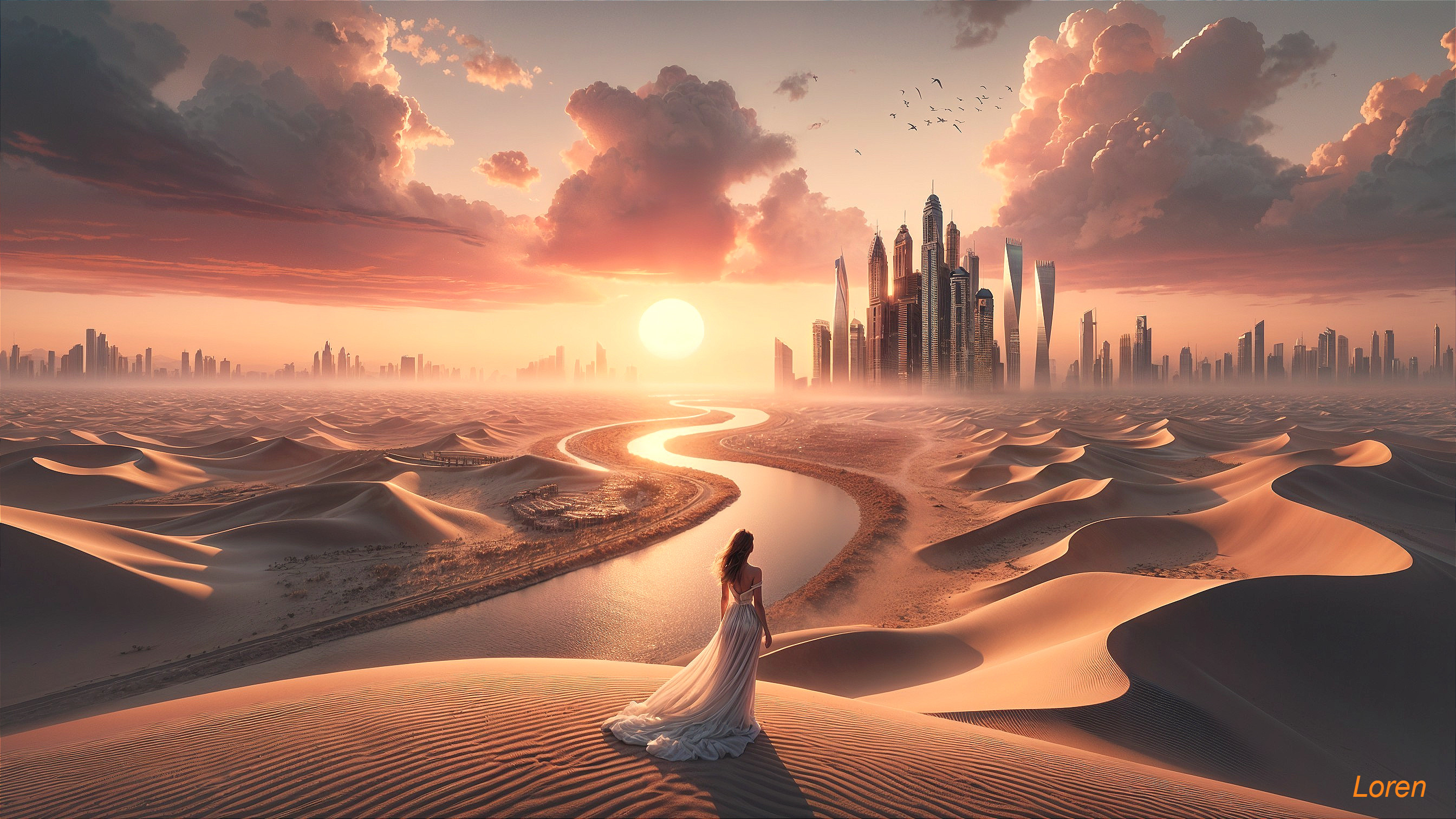 Desert Sunset with City Skyline and Flowing Gown