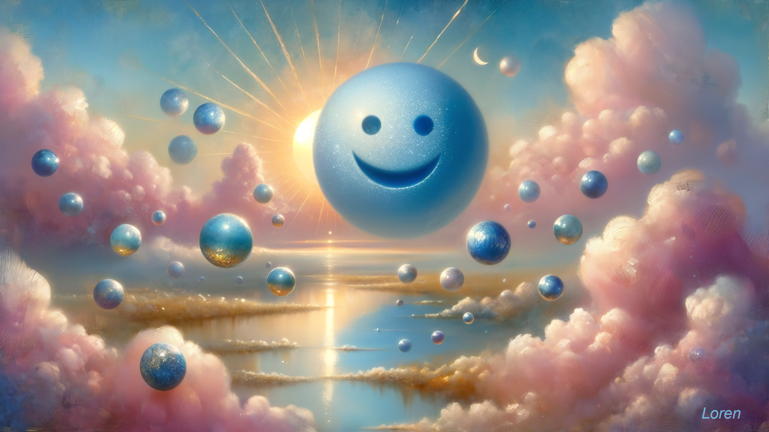 Whimsical Blue Smiley Face Among Fluffy Clouds