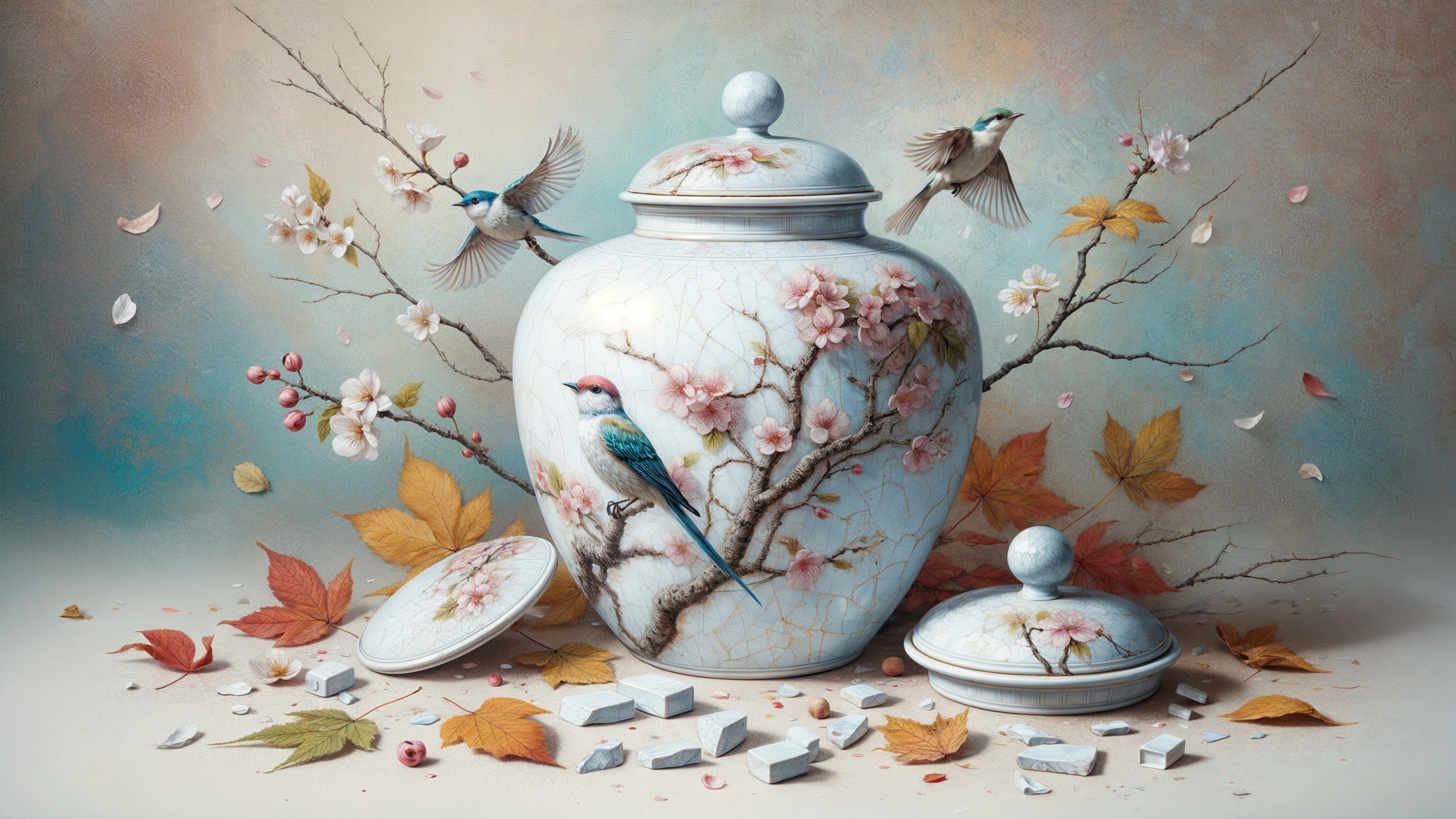 Ceramic Jar with Cherry Blossoms and Autumn Leaves