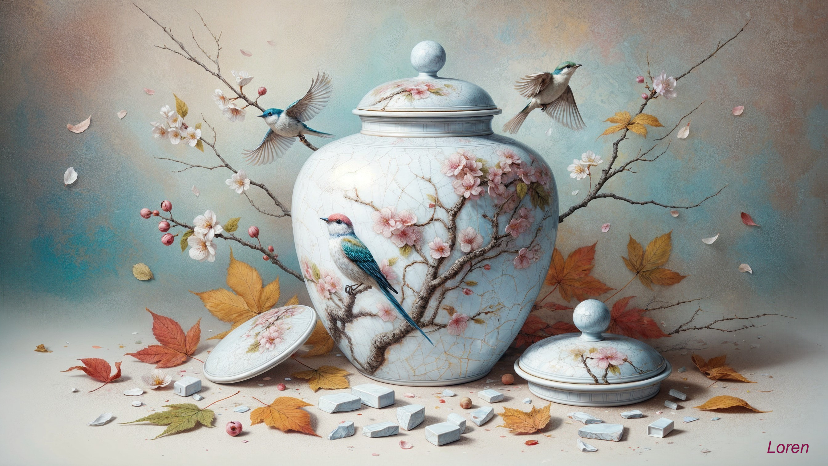 Ceramic Jar with Cherry Blossoms and Autumn Leaves