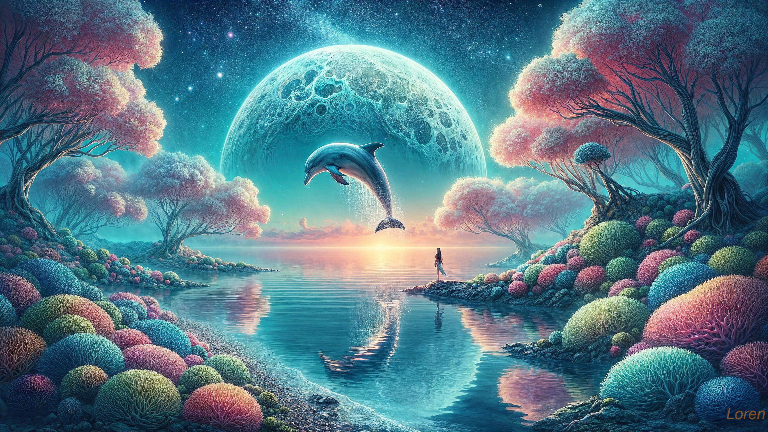 Tranquil Landscape with Reflective Water and Moon