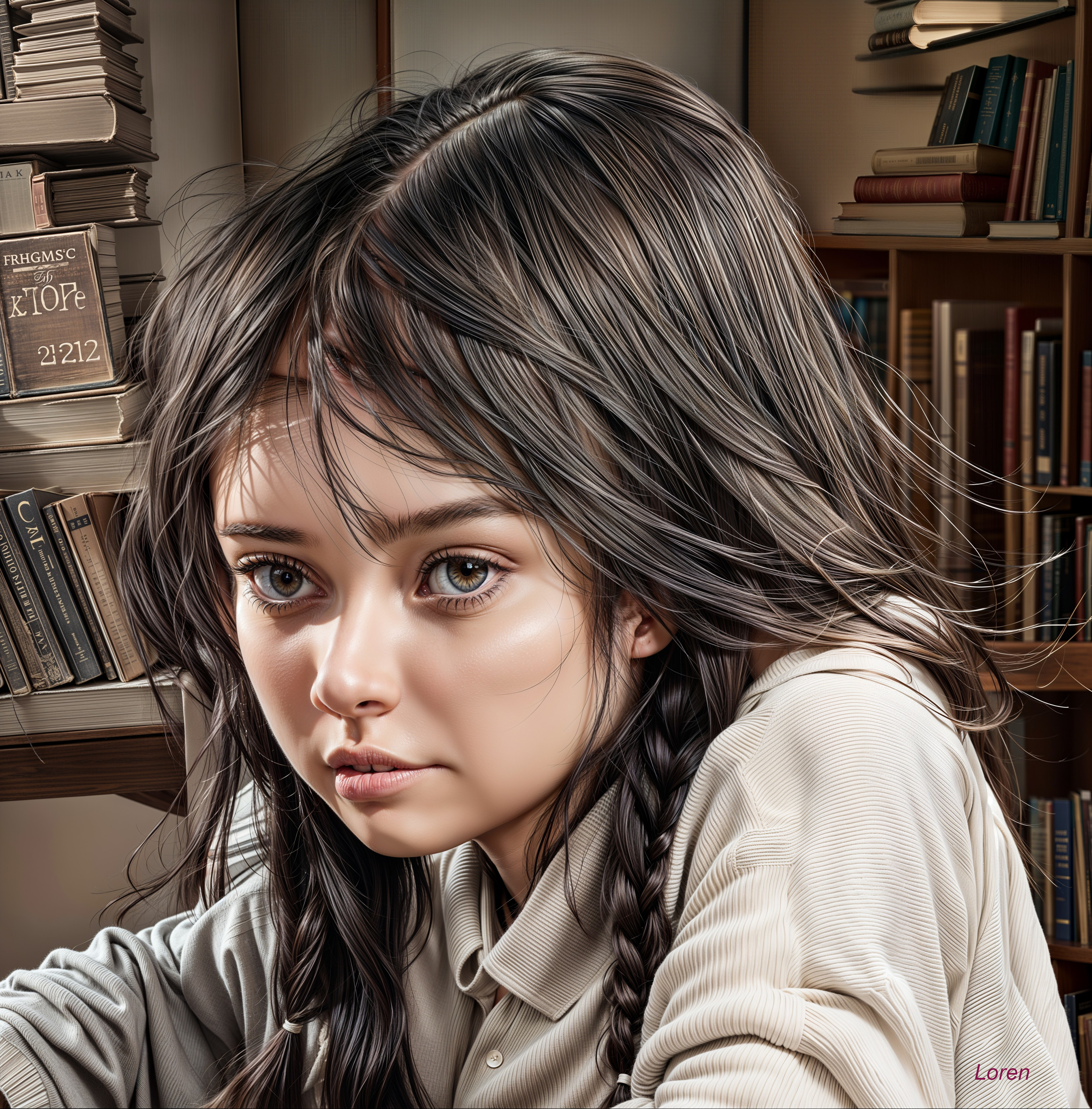 Young woman in a book-filled room with thoughtful expression