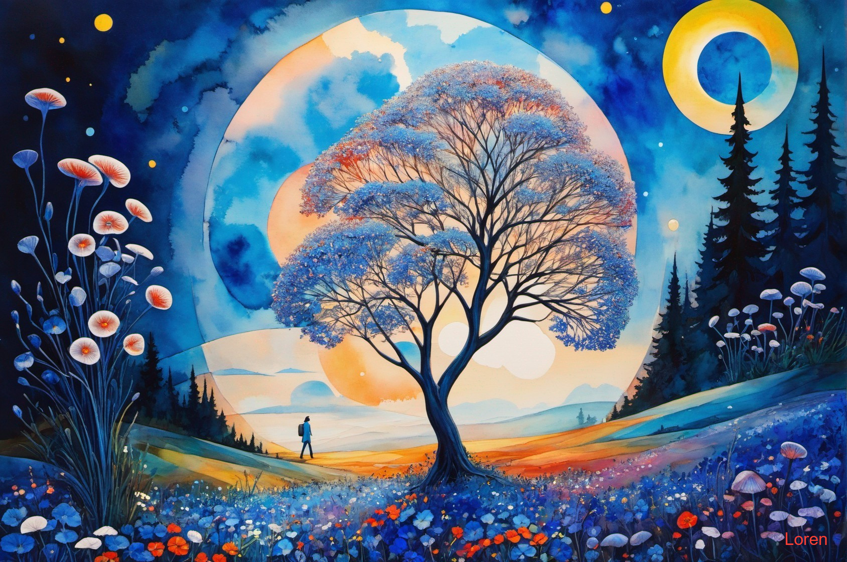 Vibrant Dreamy Landscape with Intricate Blue Tree