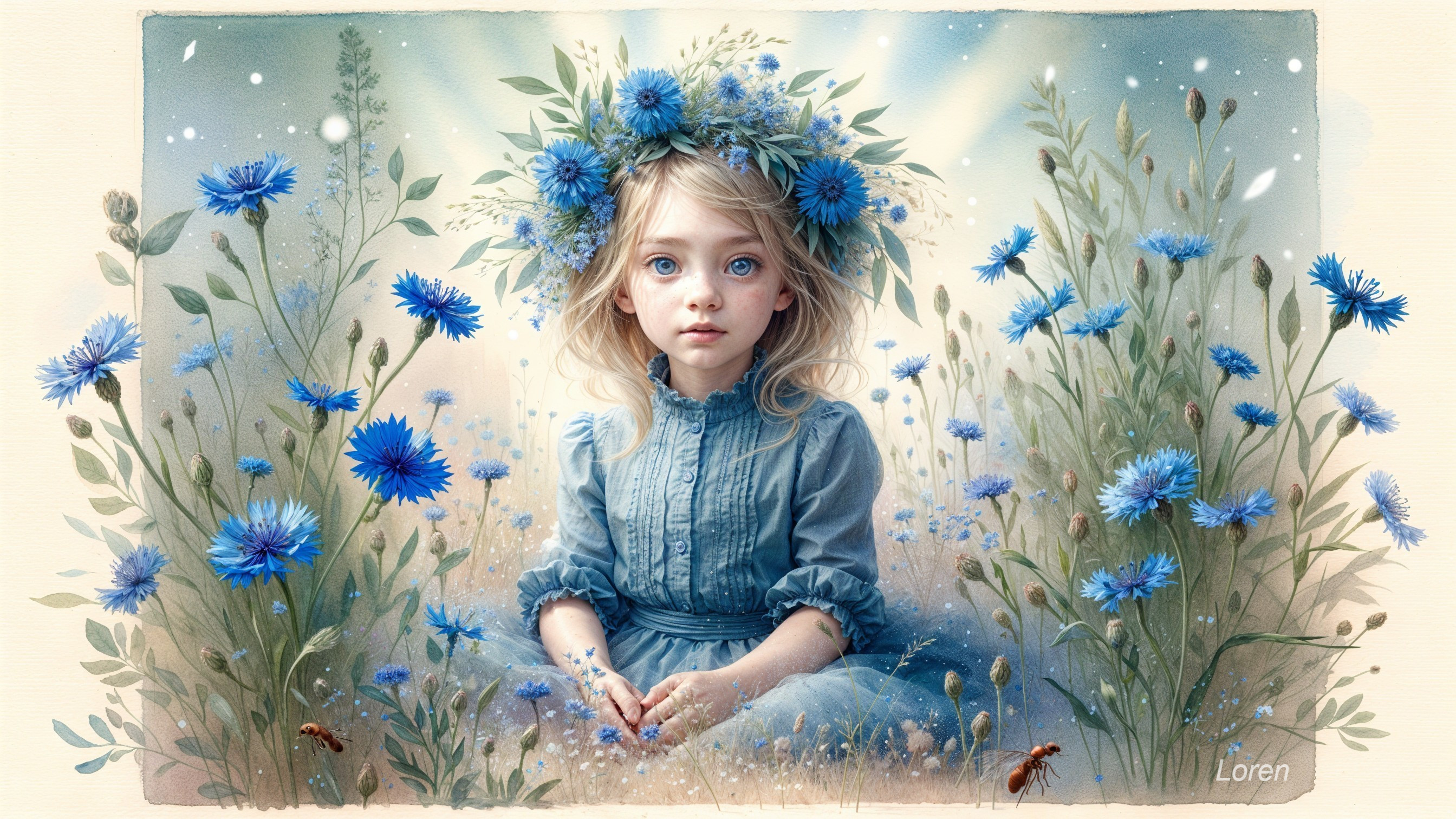 Young girl in blue dress among blue flowers