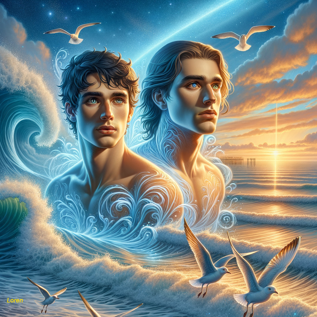 Ethereal Young Men by Vibrant Ocean Waves at Sunset