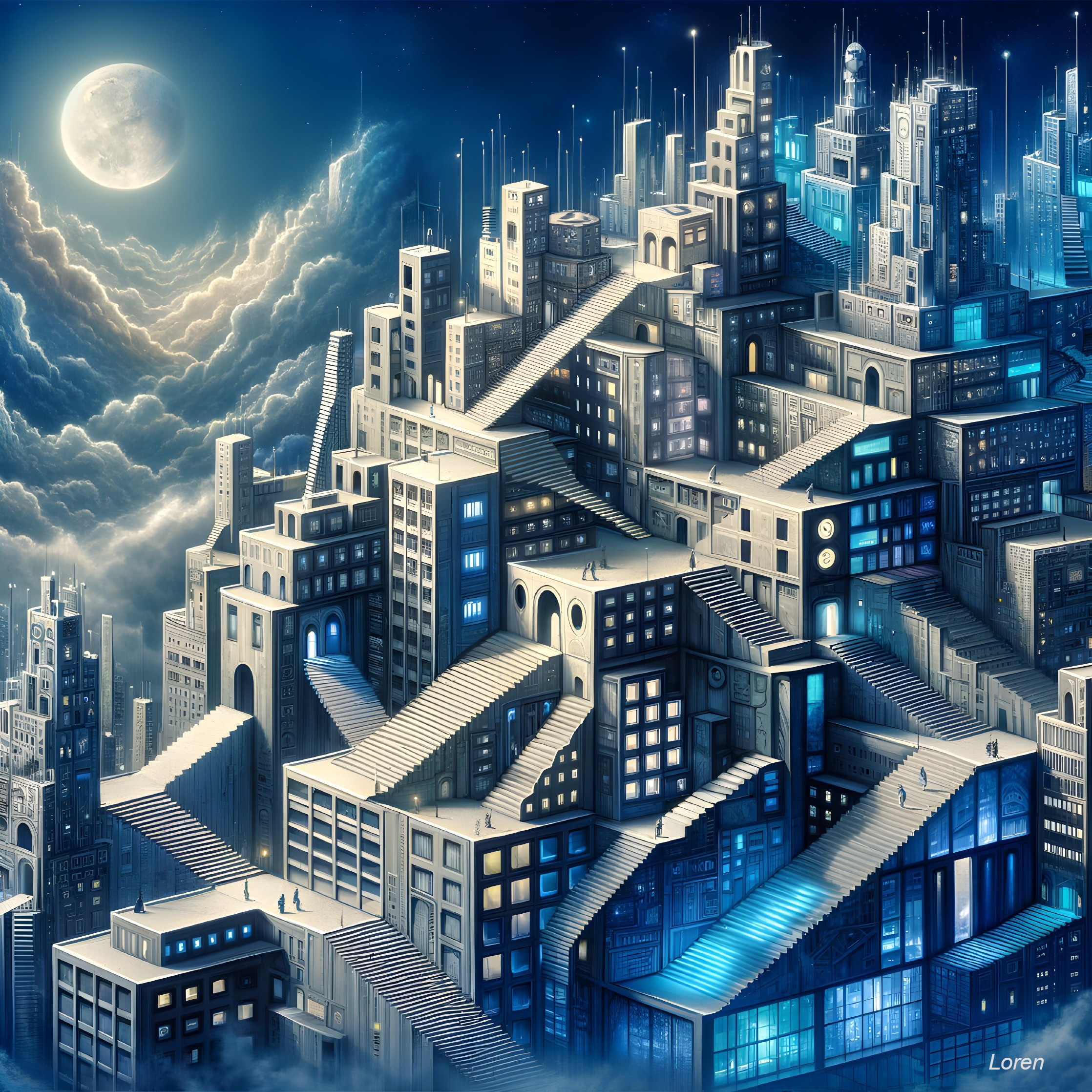 Surreal Cityscape with Intricate Staircases and Moonlight