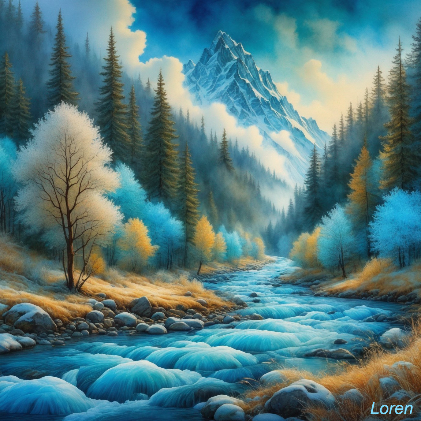 Serene Landscape with River and Snow-Capped Mountains