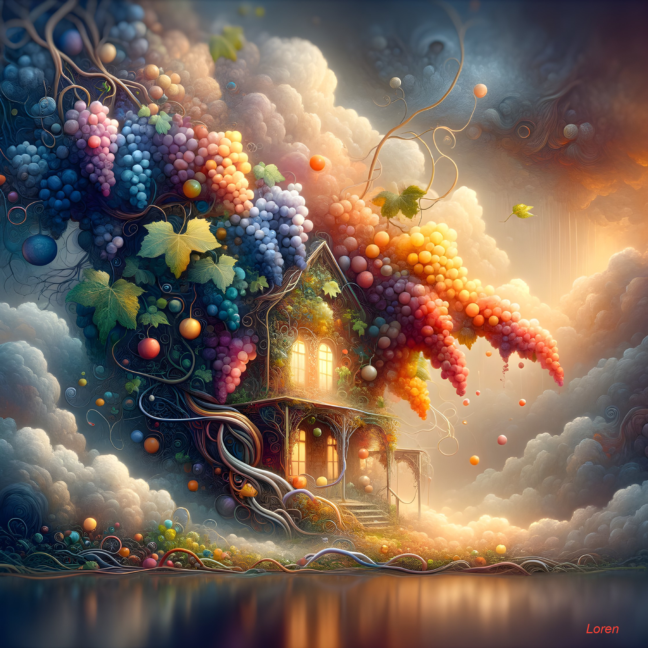 Whimsical House Surrounded by Colorful Grapes and Vines