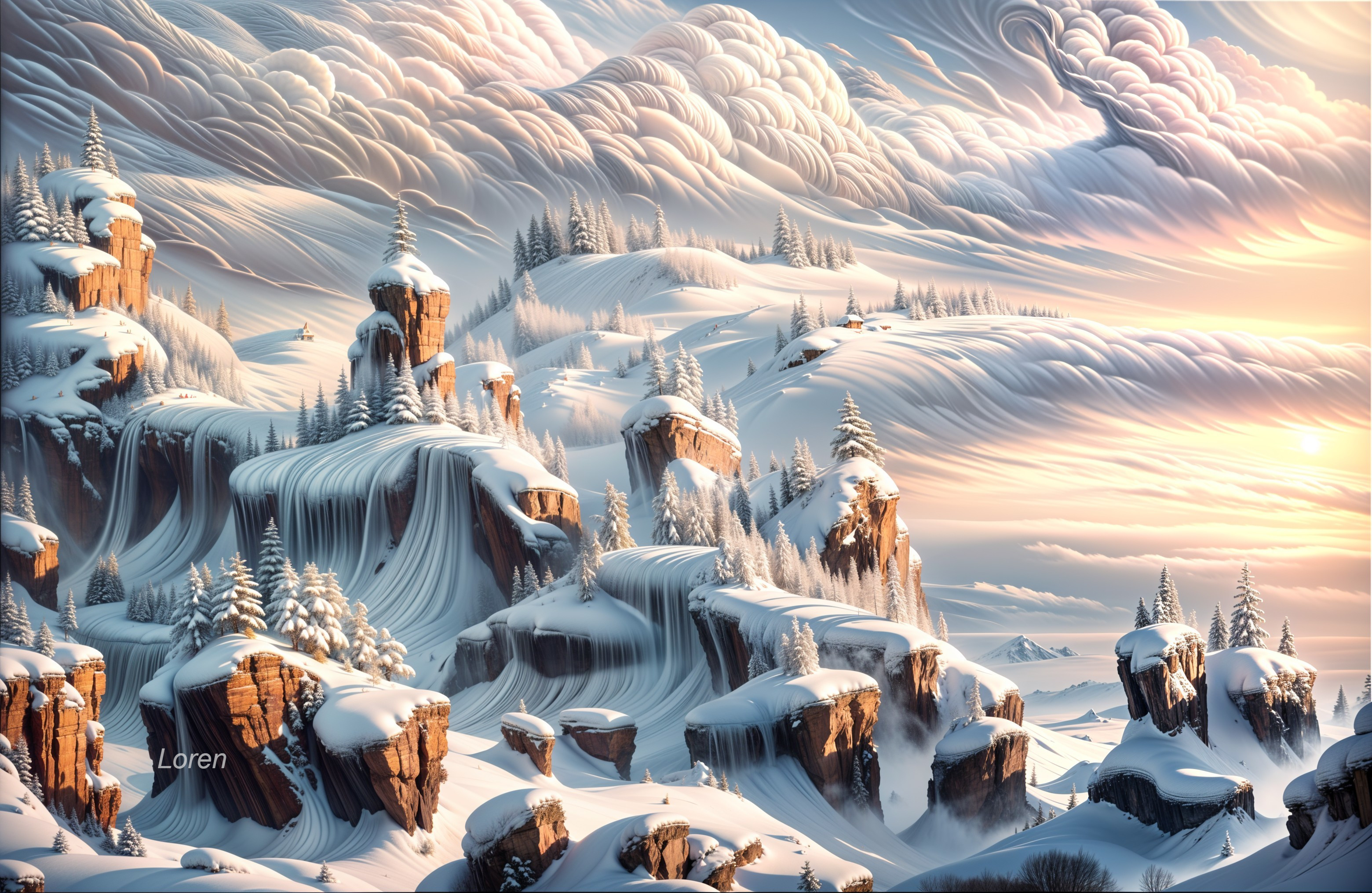 Winter Landscape with Snow-Covered Cliffs and Trees