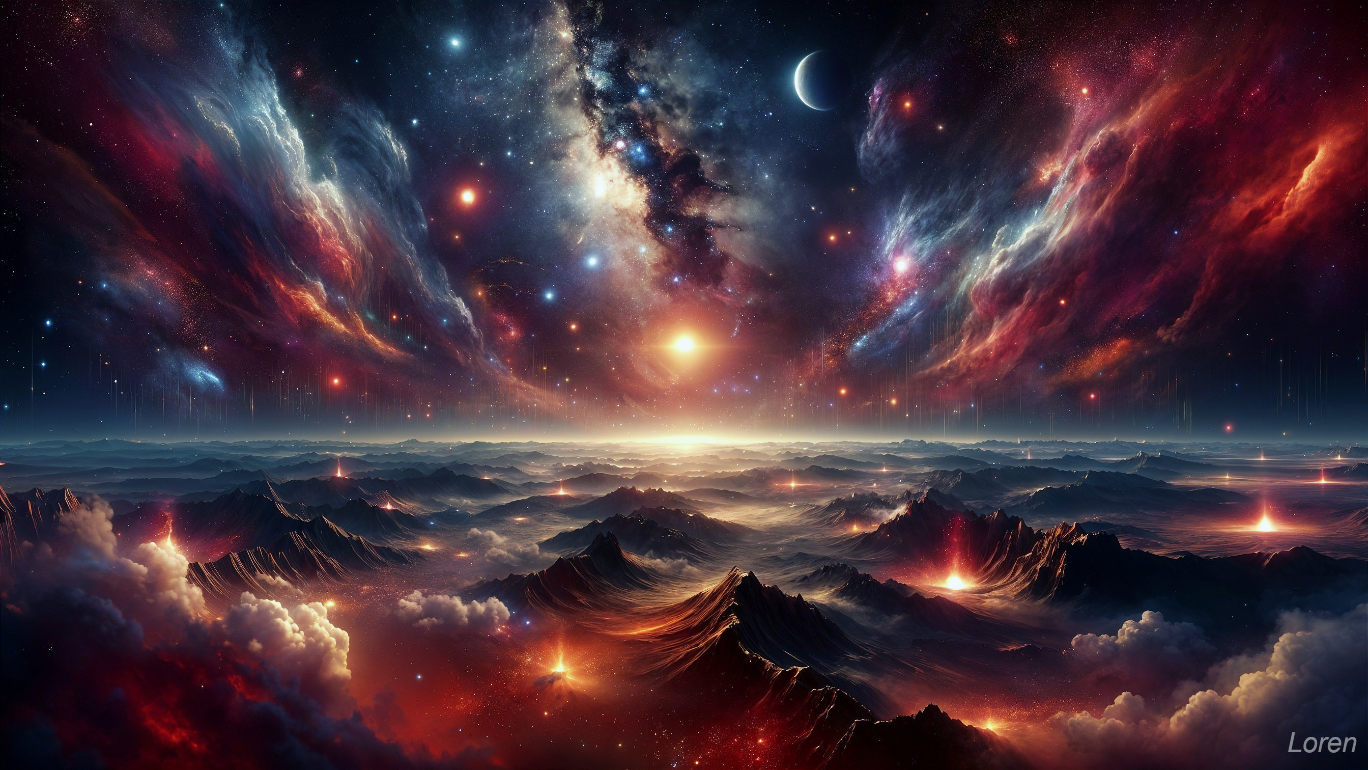 Vibrant Galaxy with Nebulae and Starry Landscape