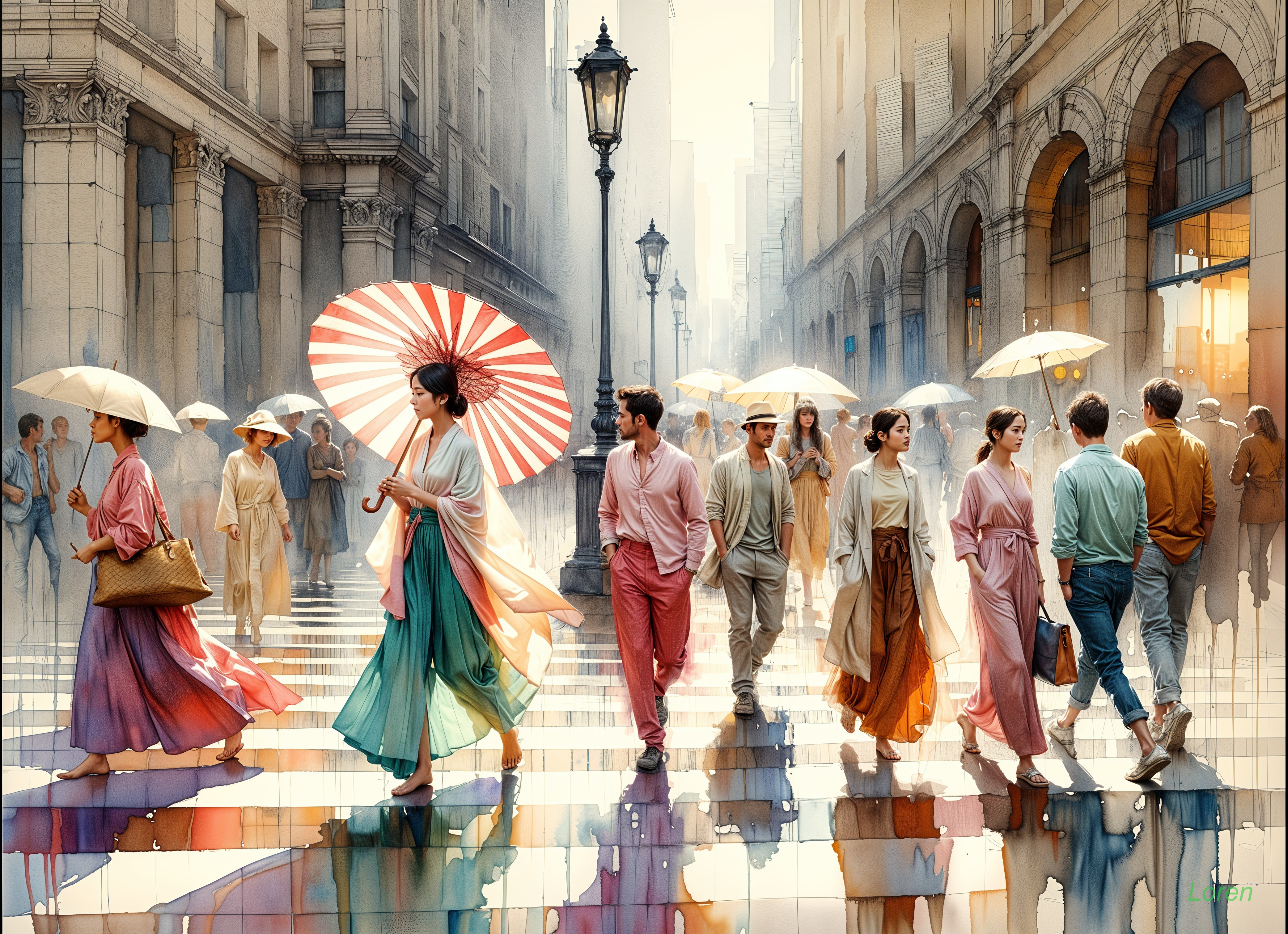Elegant City Street Scene with Colorful Umbrellas