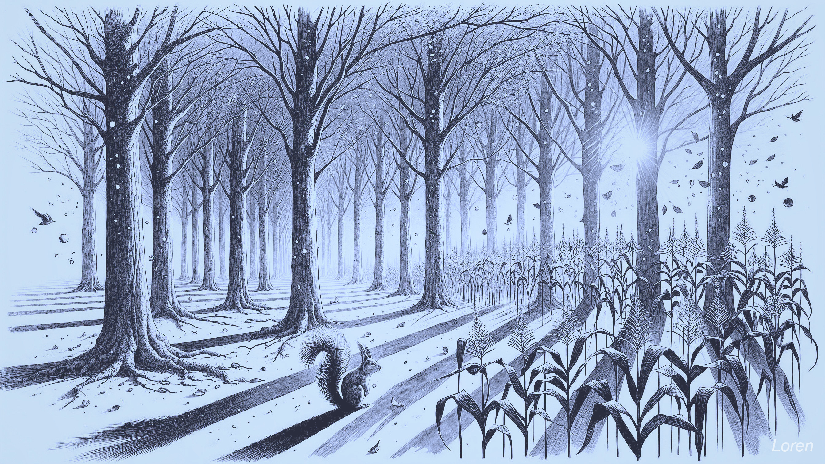 Serene forest scene with trees, squirrel, and cornfield