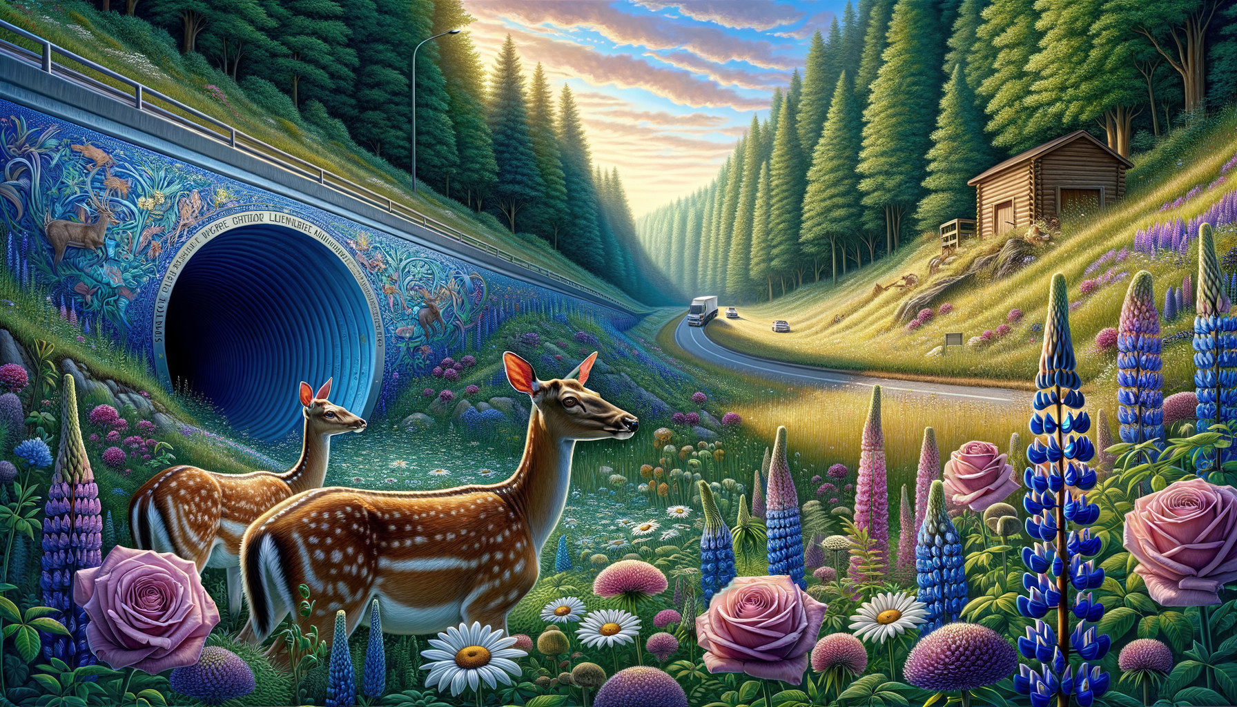 Serene Landscape with Deer and Vibrant Meadow