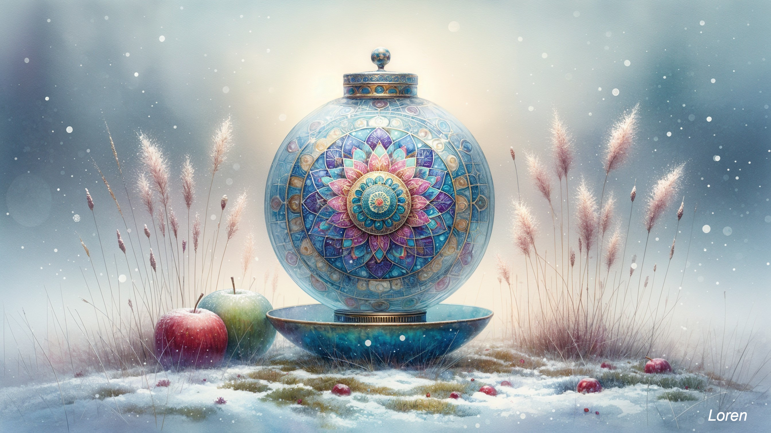 Ornate Spherical Vase with Apples in Snowy Landscape