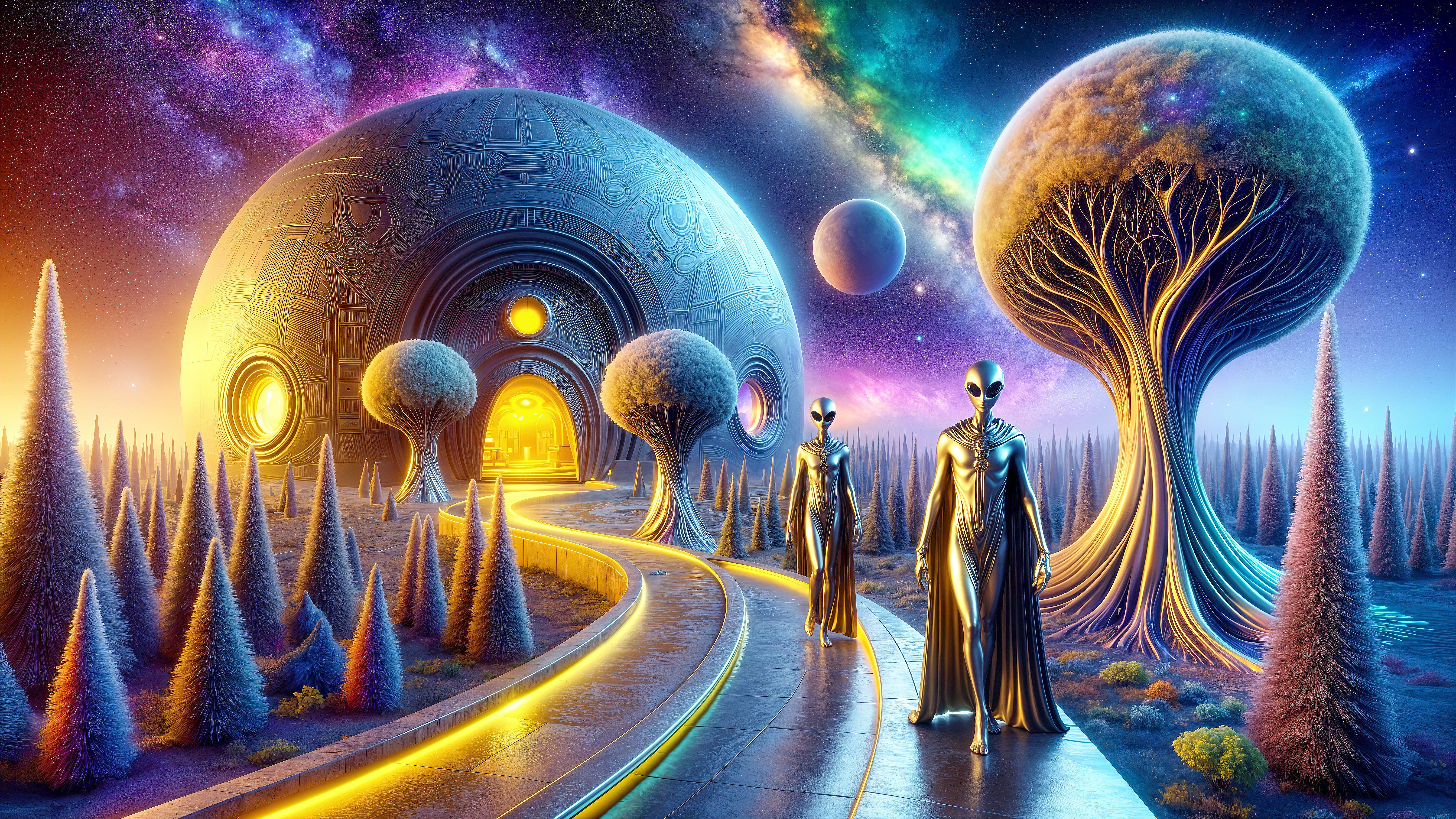 Vibrant Otherworldly Landscape with Alien Figures