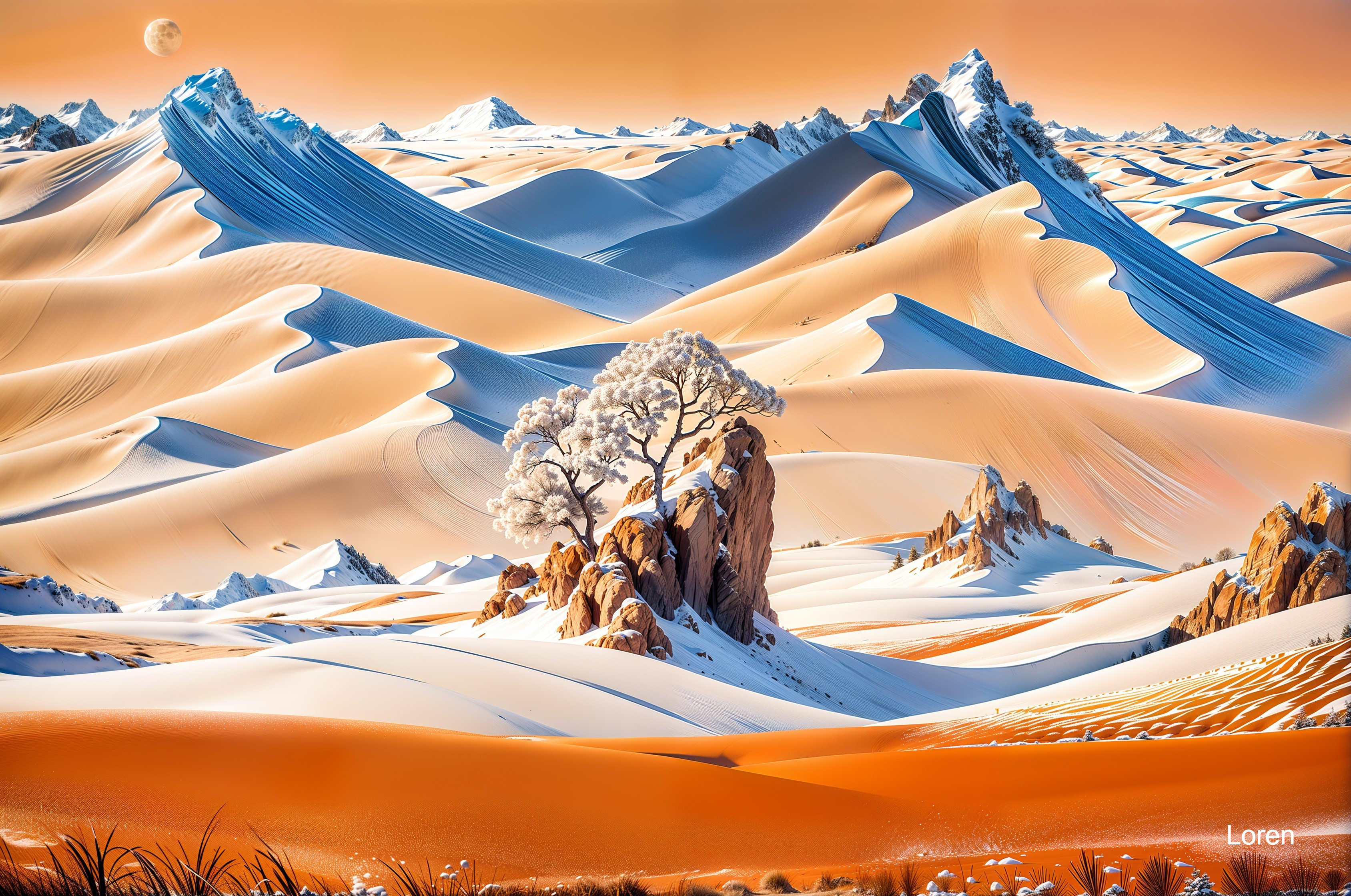 Desert Landscape with Dunes and Snow-Capped Mountains