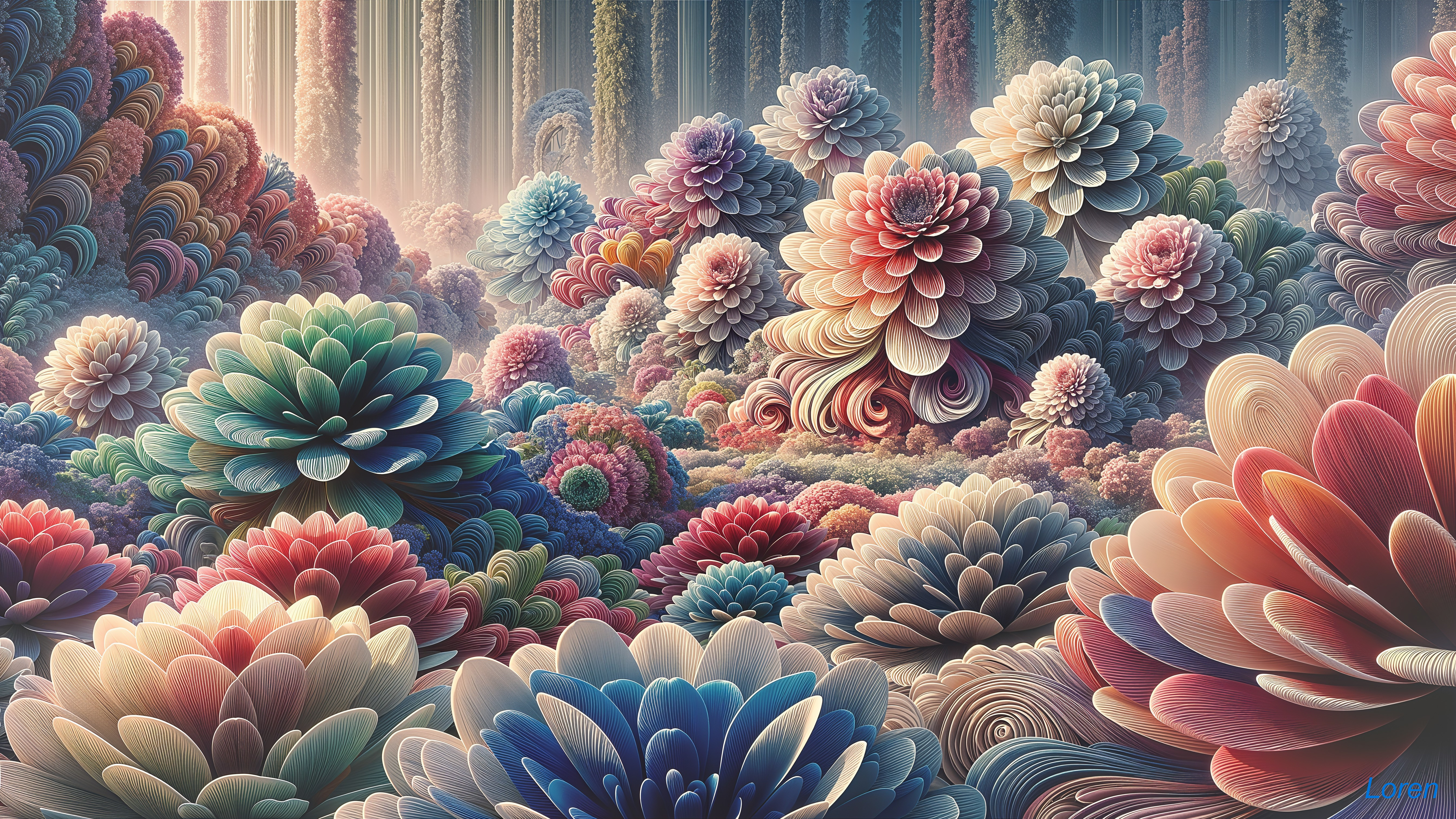 Surreal Landscape of Colorful, Layered Flowers