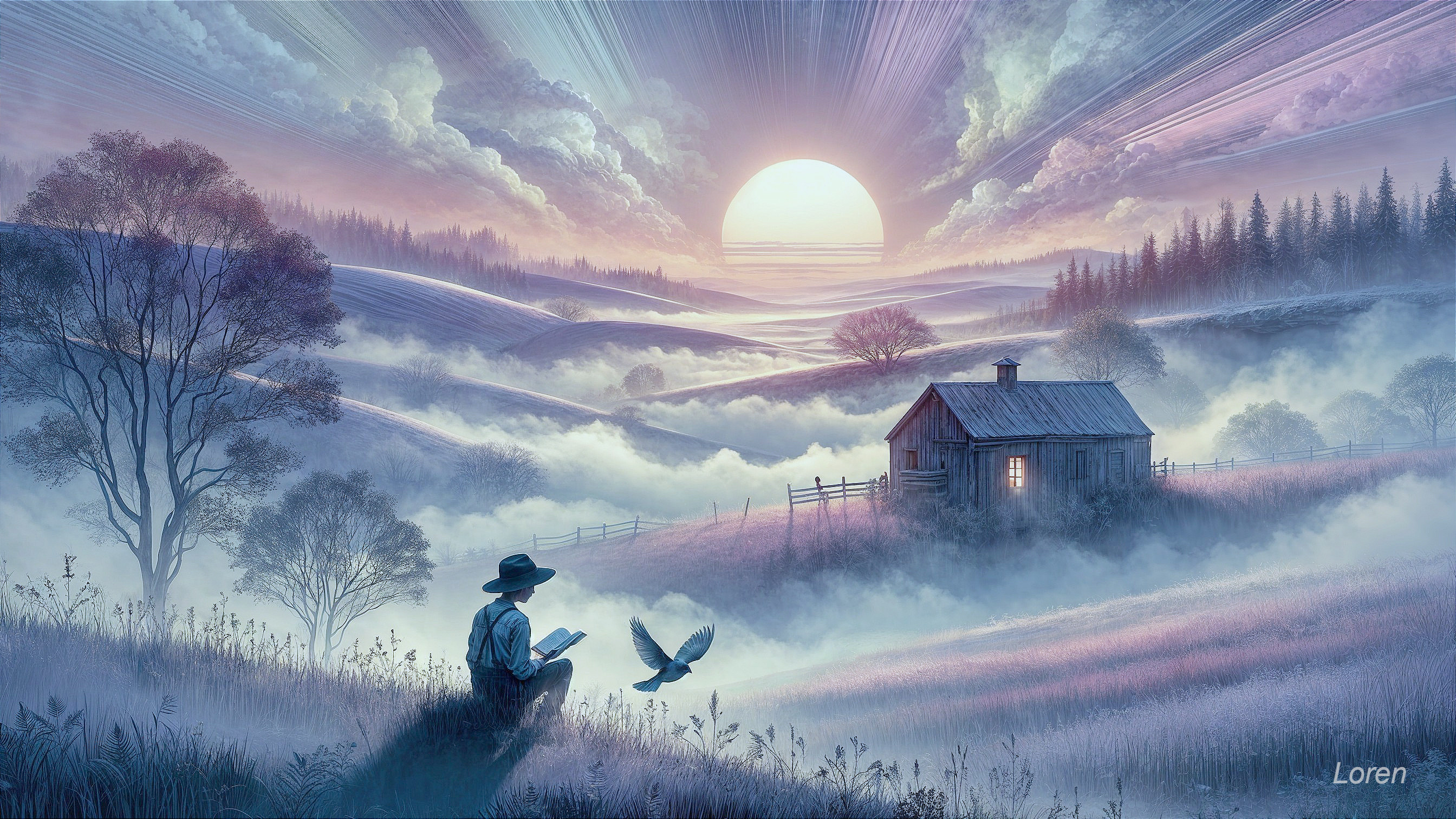 Serene Dawn Landscape with Reading Figure and Cabin