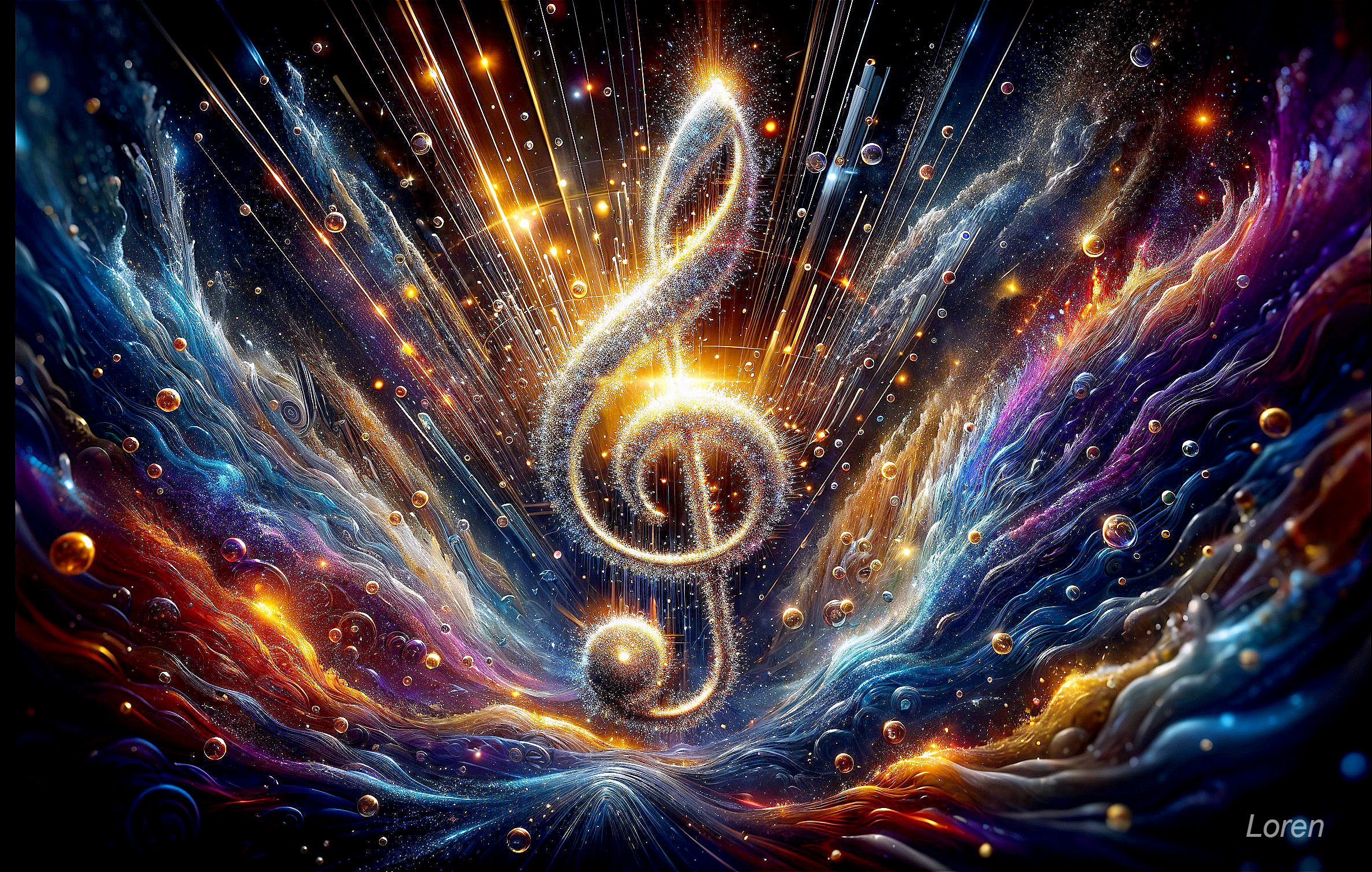 Vibrant Artwork Featuring Treble Clef and Galaxies