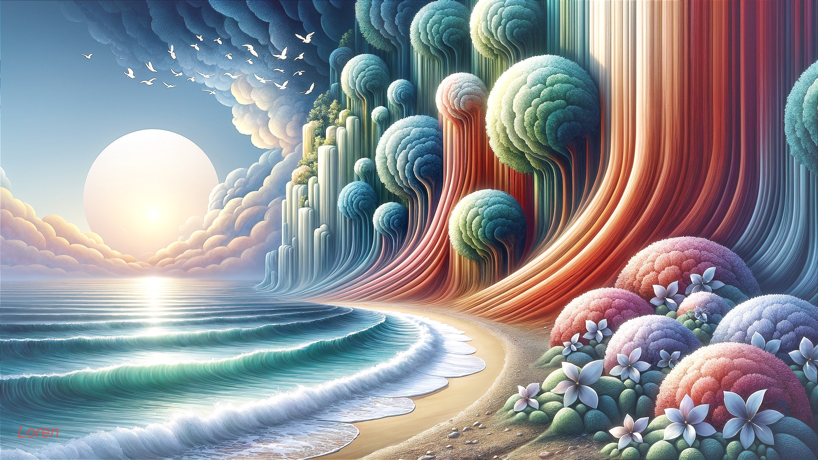 Surreal Landscape with Pastel Trees and Tranquil Sea