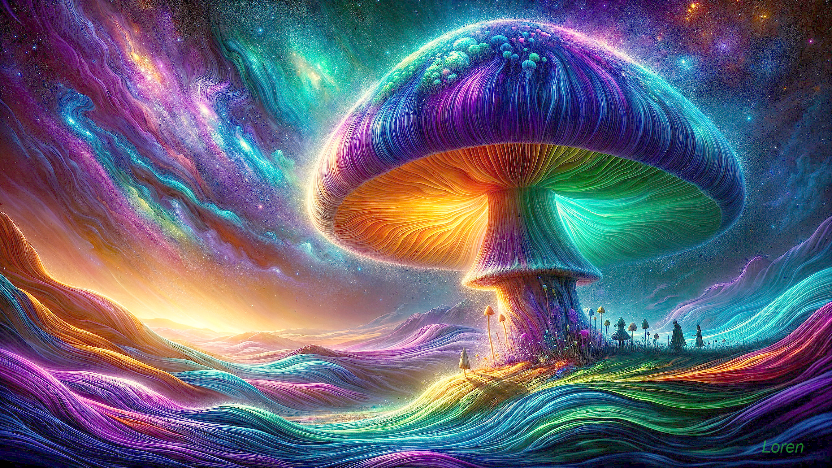 Surreal Landscape with Colossal Colorful Mushroom