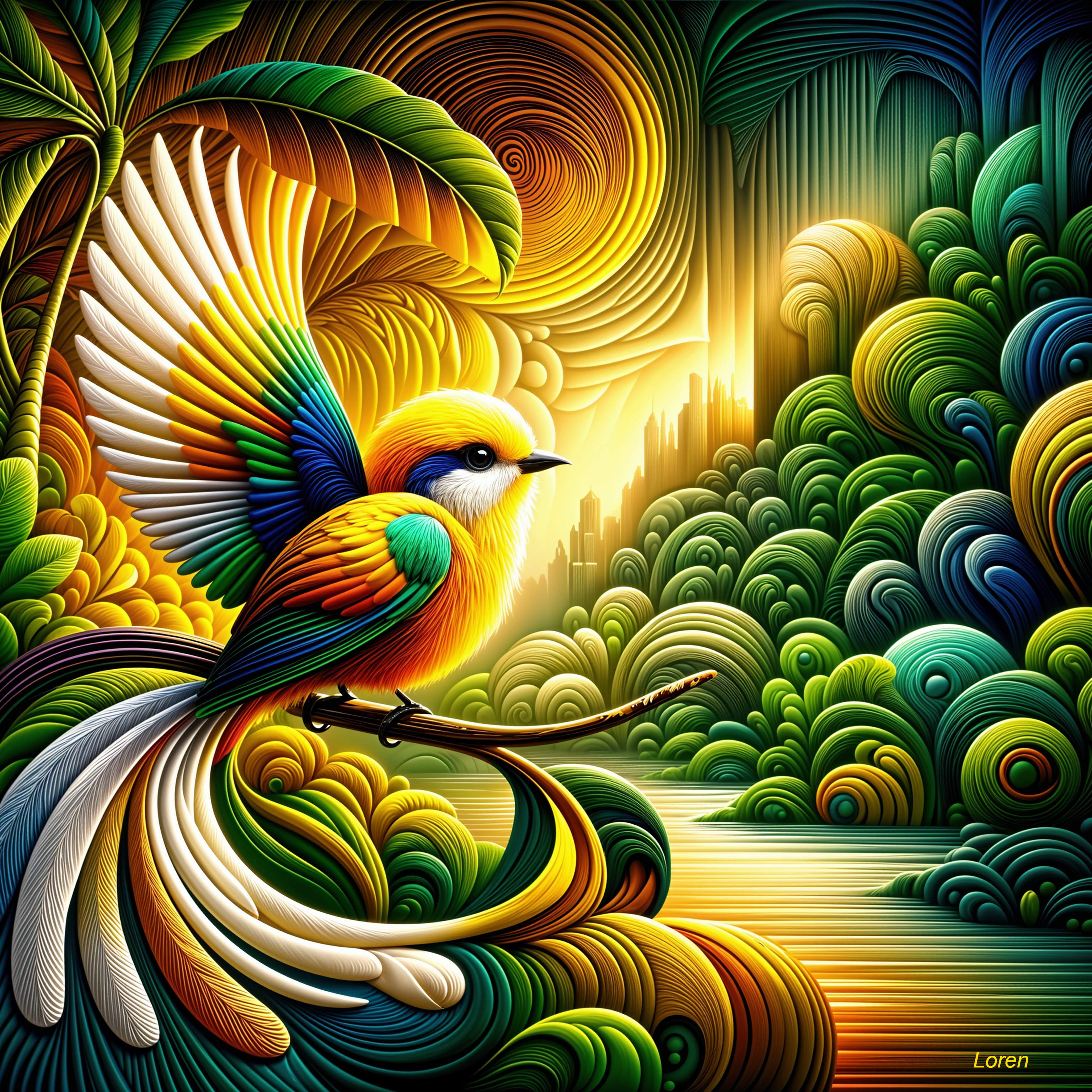 Vibrant Multi-Colored Bird in Tropical Landscape