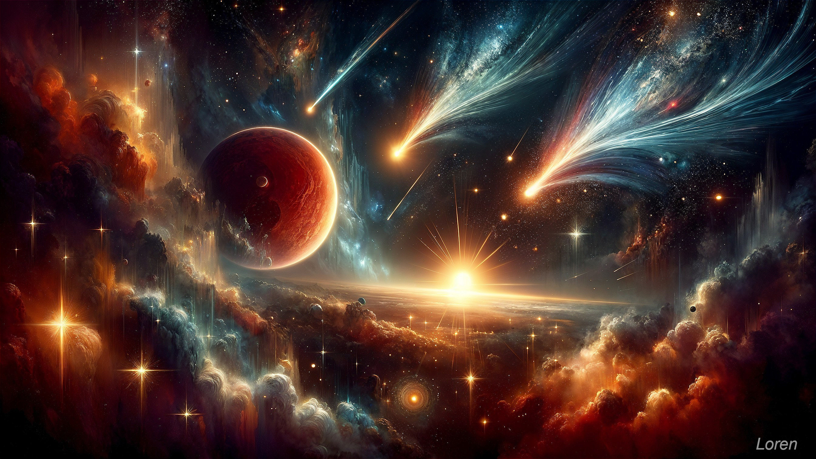 Vibrant Cosmic Scene with Red Planet and Comets