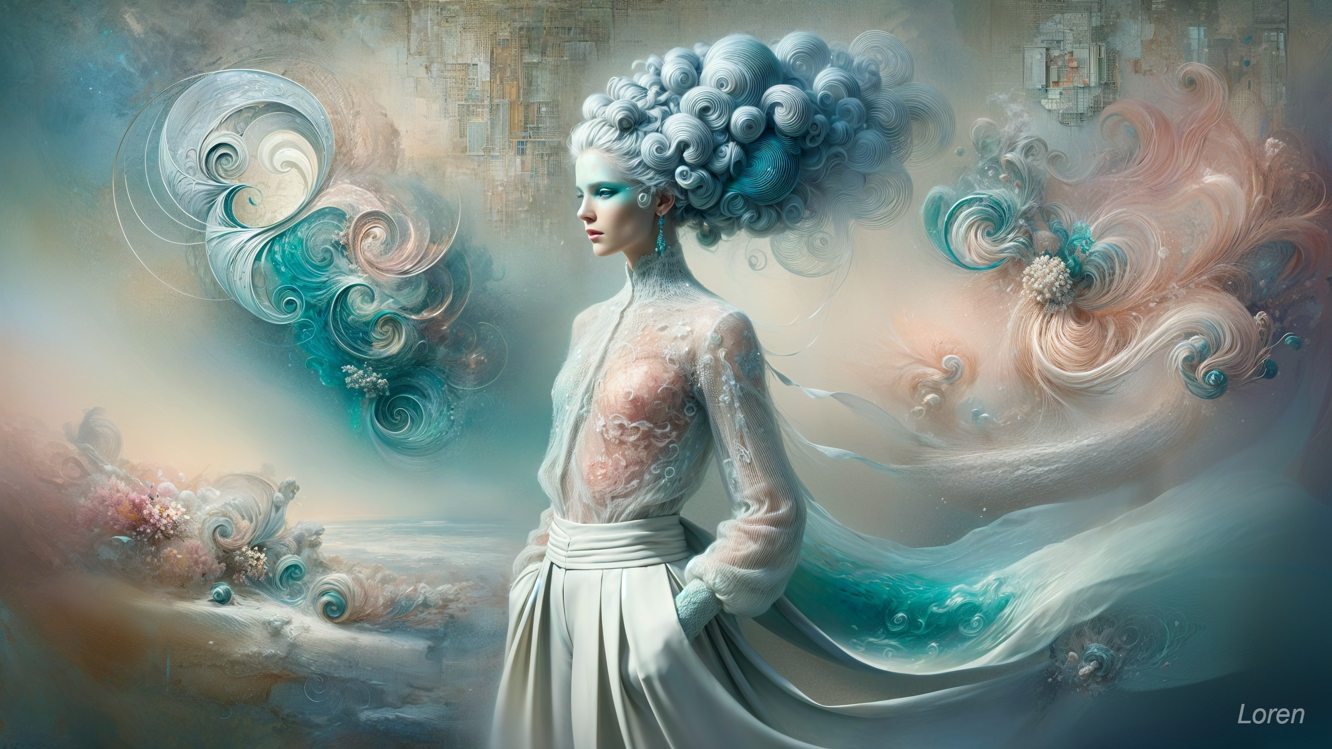 Surreal Ethereal Figure with Blue and White Hair