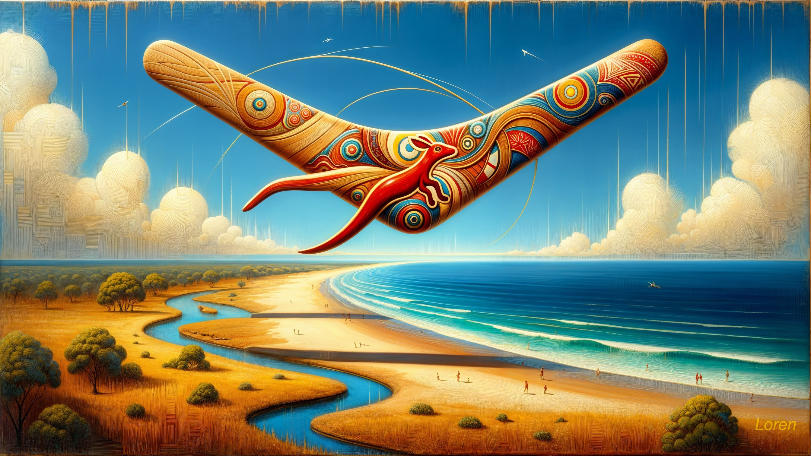 Stylized Boomerang Over Scenic Beach Landscape