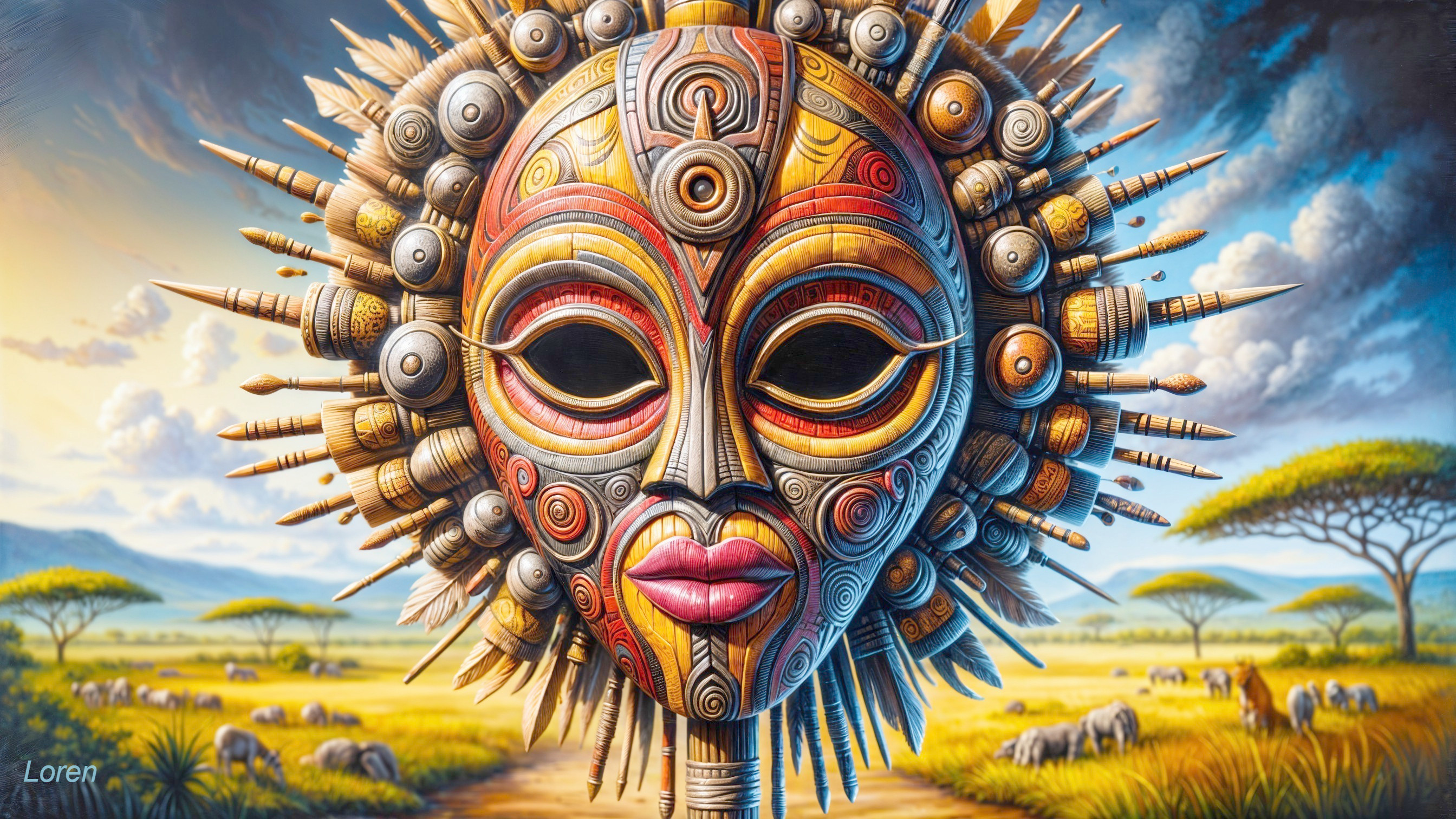 Vibrant Mask Design in Dramatic Natural Landscape
