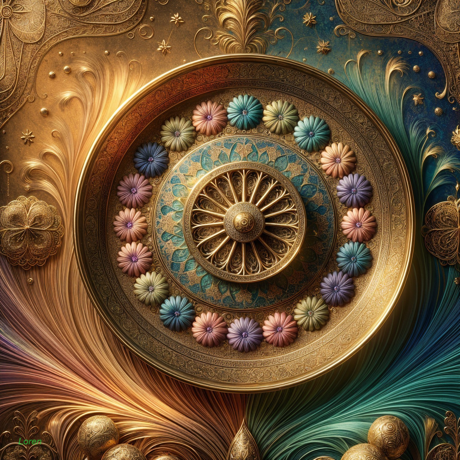 Decorative Plate with Floral Motif and Golden Patterns