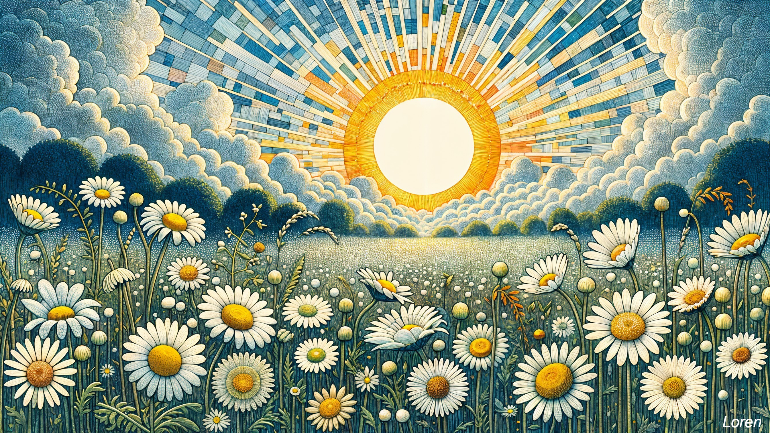 Vibrant Landscape with Blooming Daisies and Sunlight