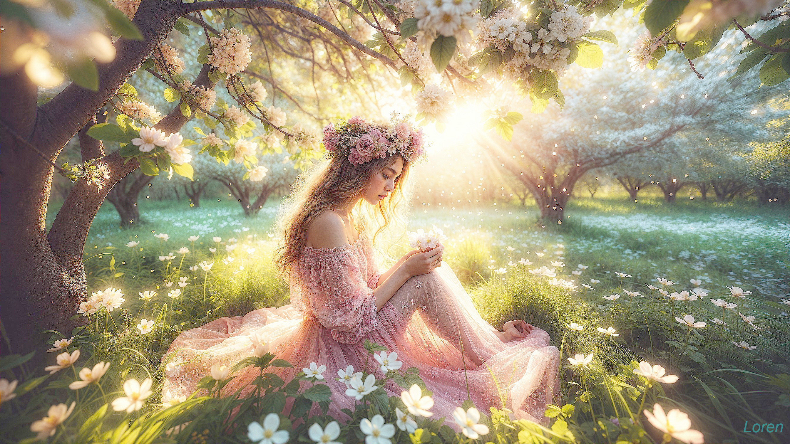 Young woman in pink dress among blooming trees