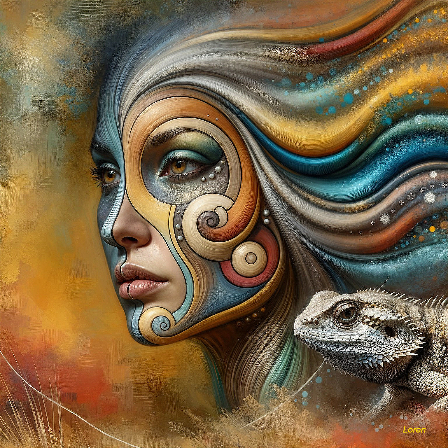 Stylized Portrait of a Woman with Lizard Design
