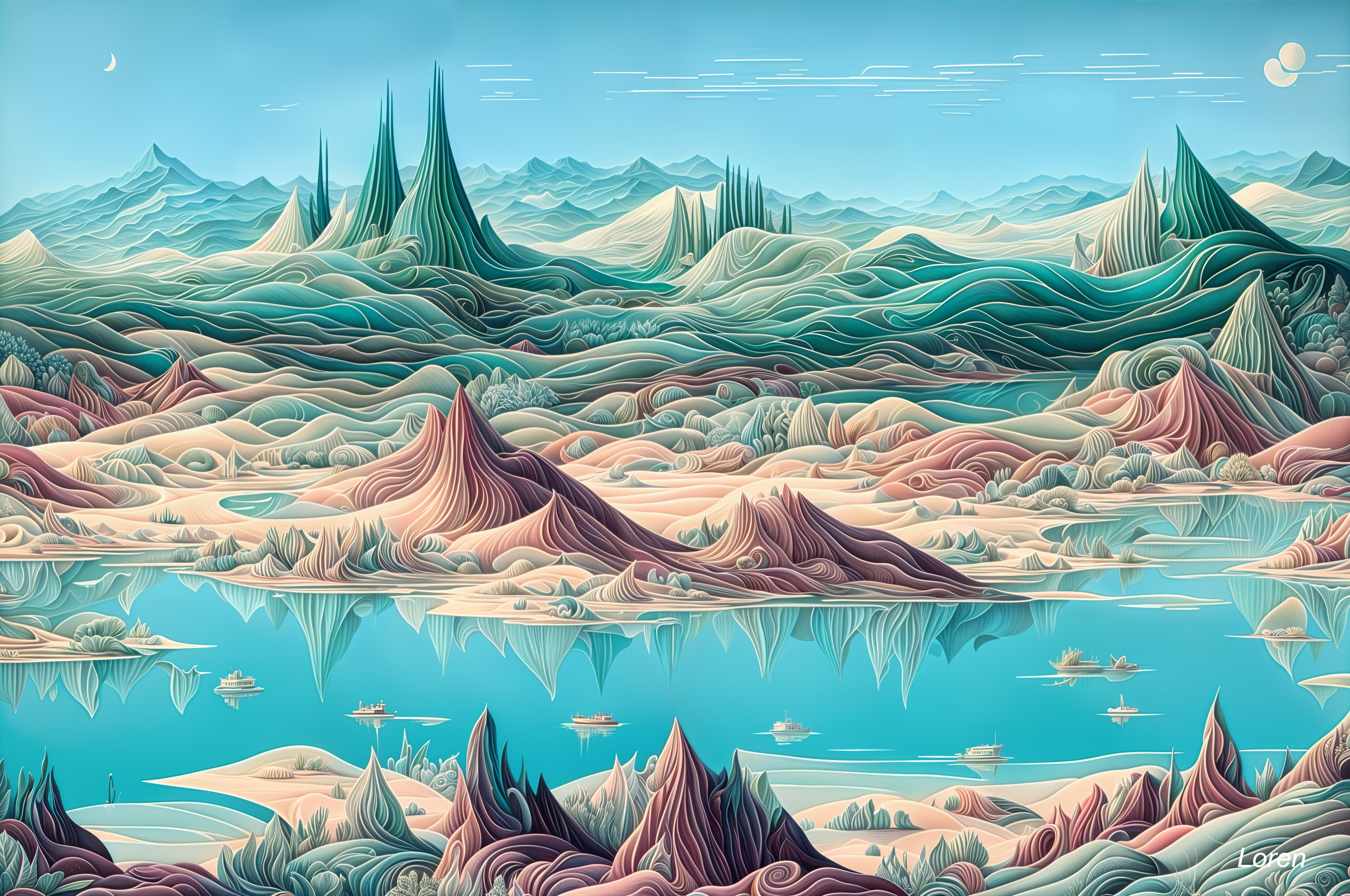 Surreal Vibrant Landscape with Hills and Serene Lake