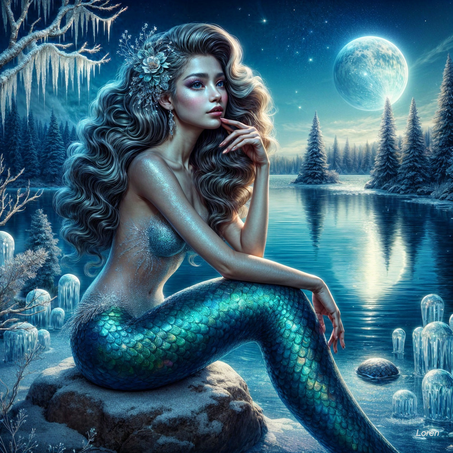 Mystical Mermaid by a Frosty Lake Under Moonlight