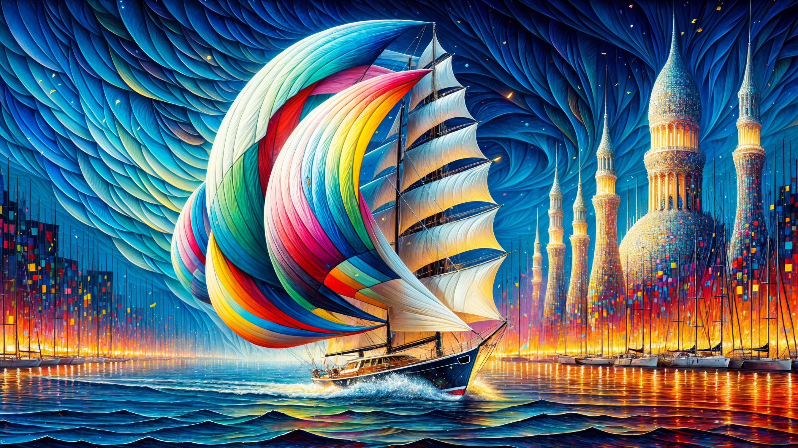 Vibrant Fantastical Scene of a Sailing Ship and Structures