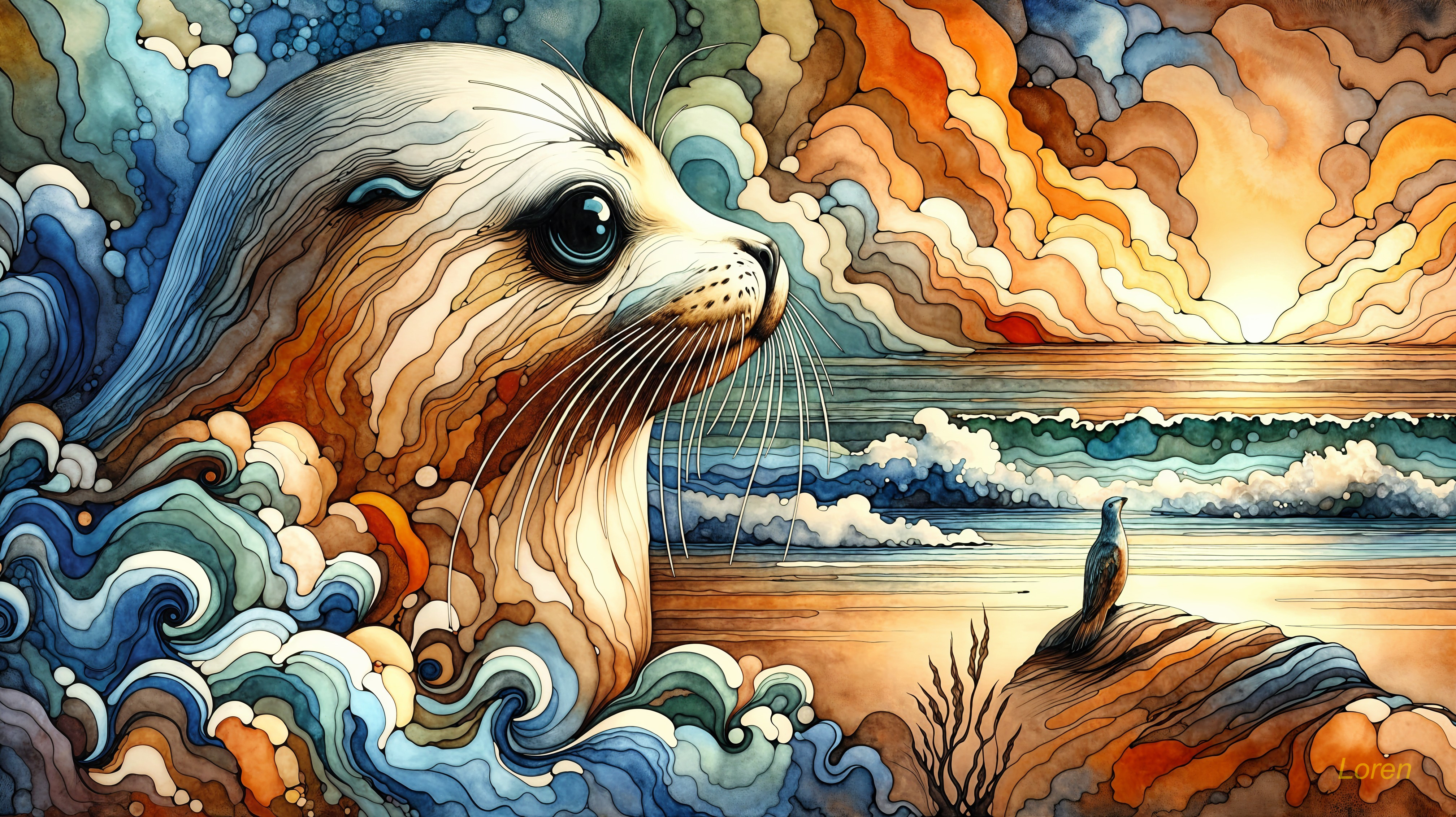 Whimsical Seal in Colorful Swirling Waves and Sunset