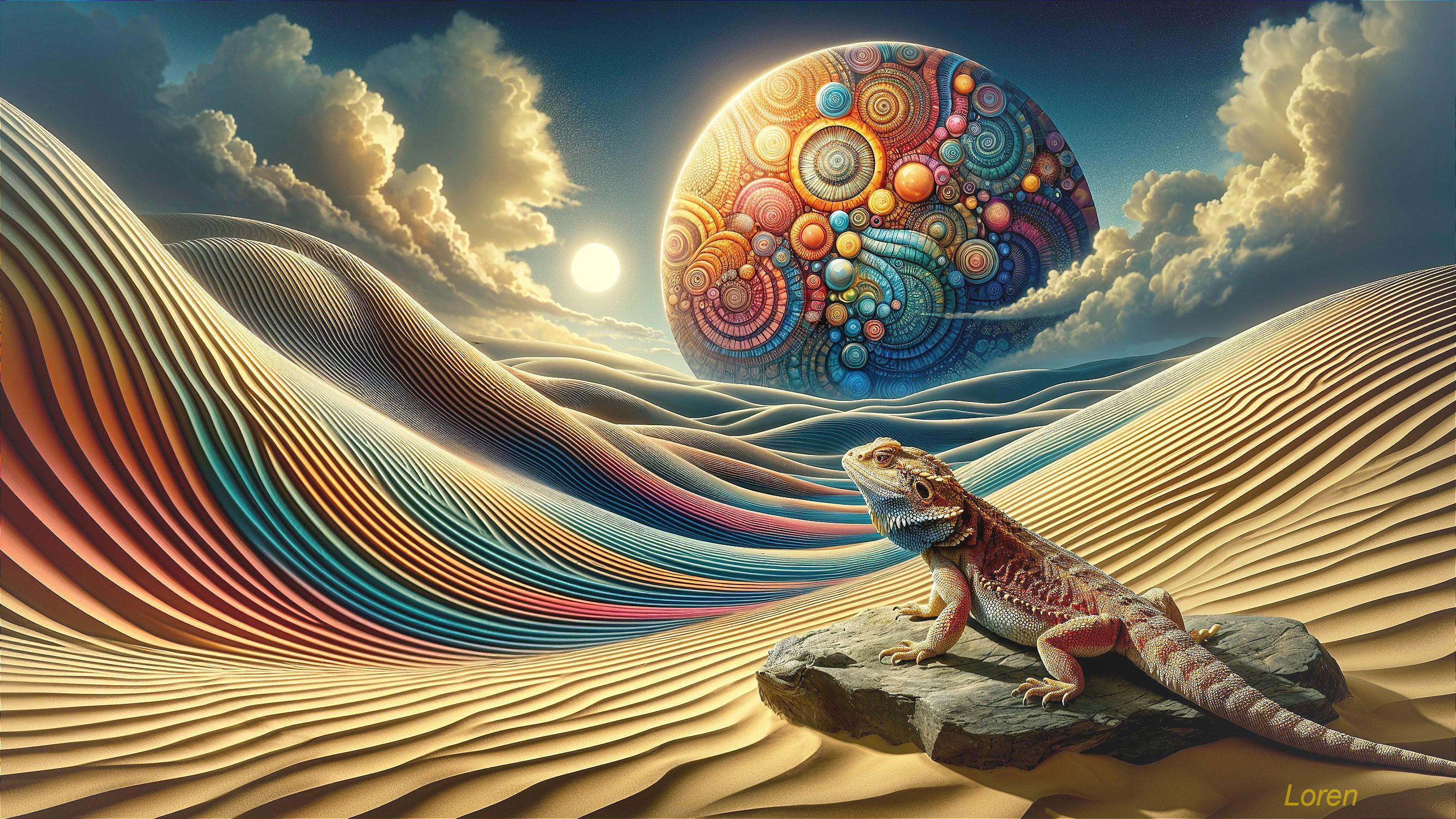 Surreal Landscape with Bearded Dragon and Cosmic Elements